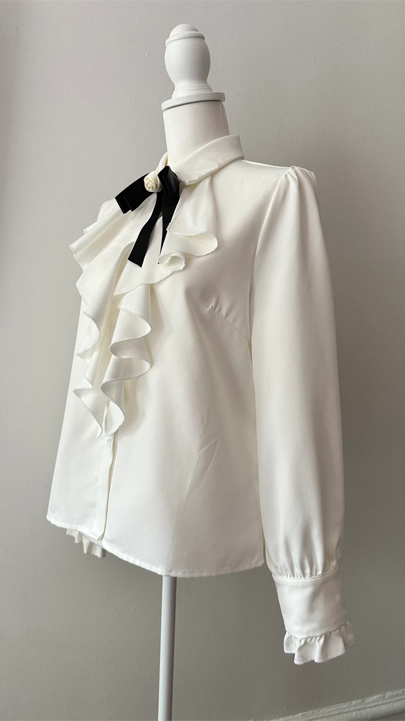 White Ruffle Blouse (M/10) with Black Bow - photo 4