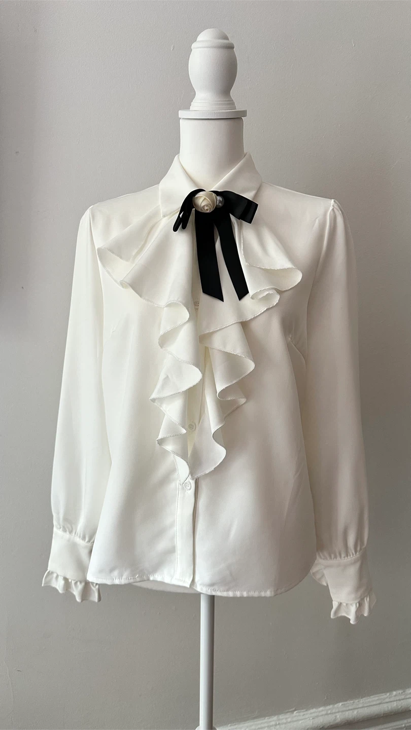 White Ruffle Blouse (M/10) with Black Bow - photo 5