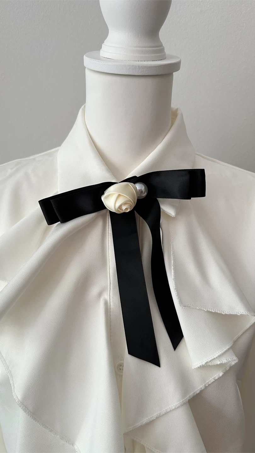 White Ruffle Blouse (M/10) with Black Bow - photo 2