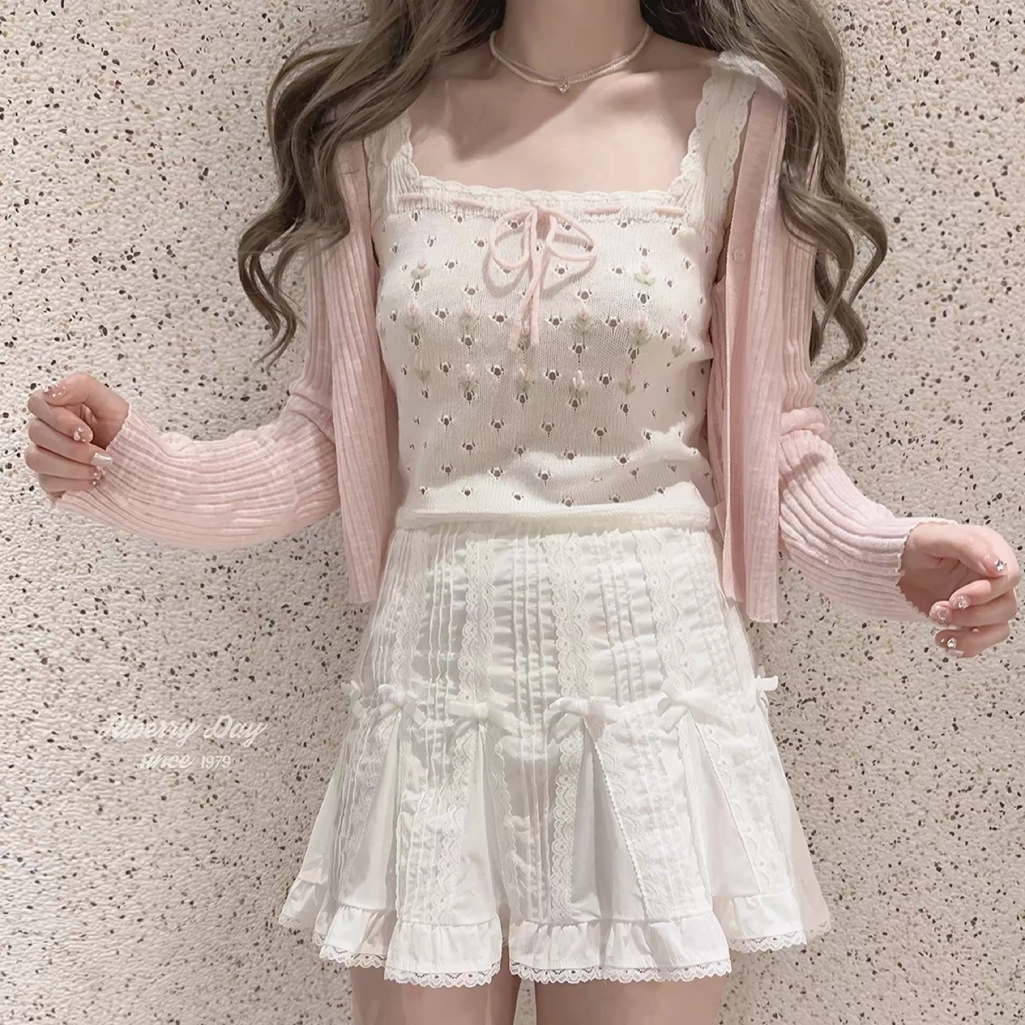 White Knit Crop Top with Pink Floral Embroidery