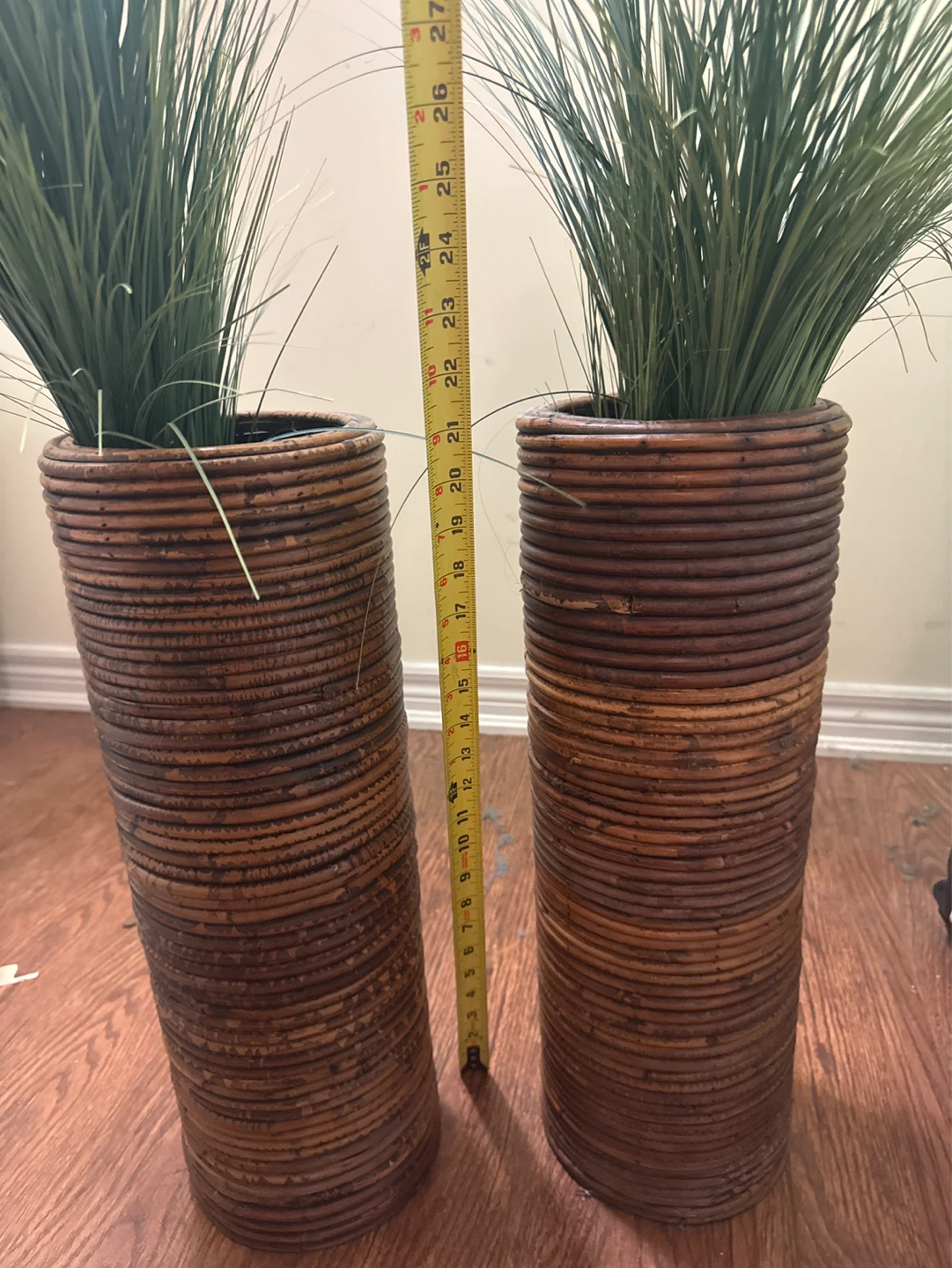 Tall Rattan Vases with Green Grass Accents (Set of 2)