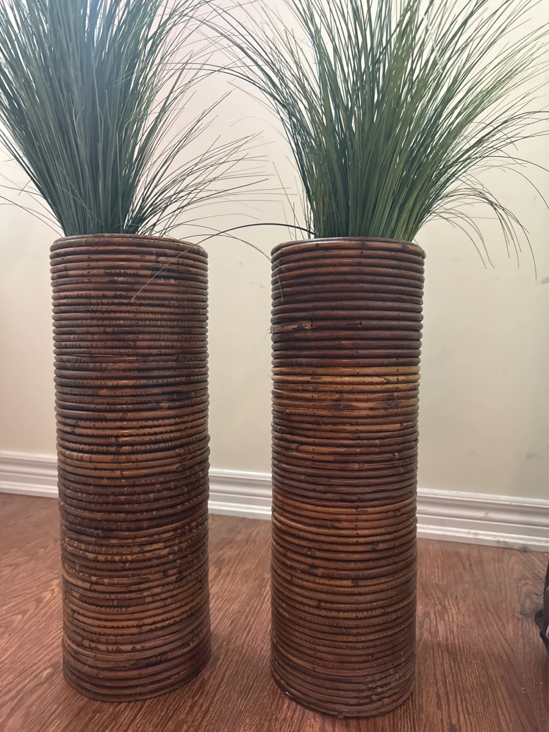Tall Rattan Vases with Green Grass Accents (Set of 2) - photo 2