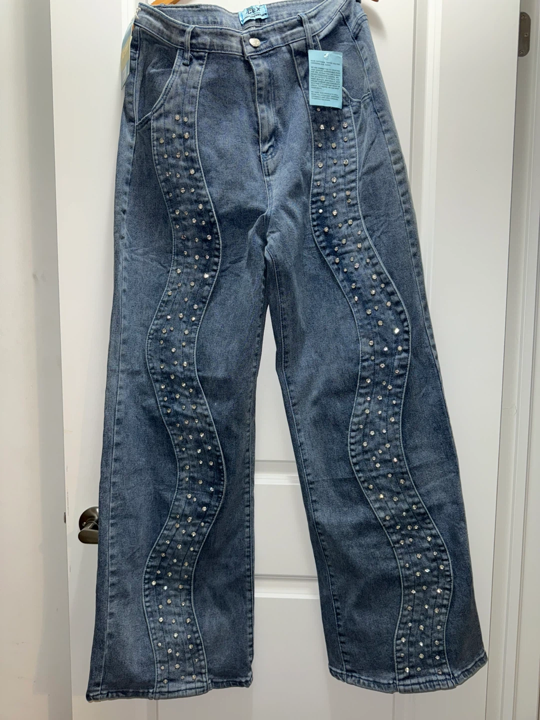 Blue Denim Wide Leg Jeans with Rhinestone Embellishments