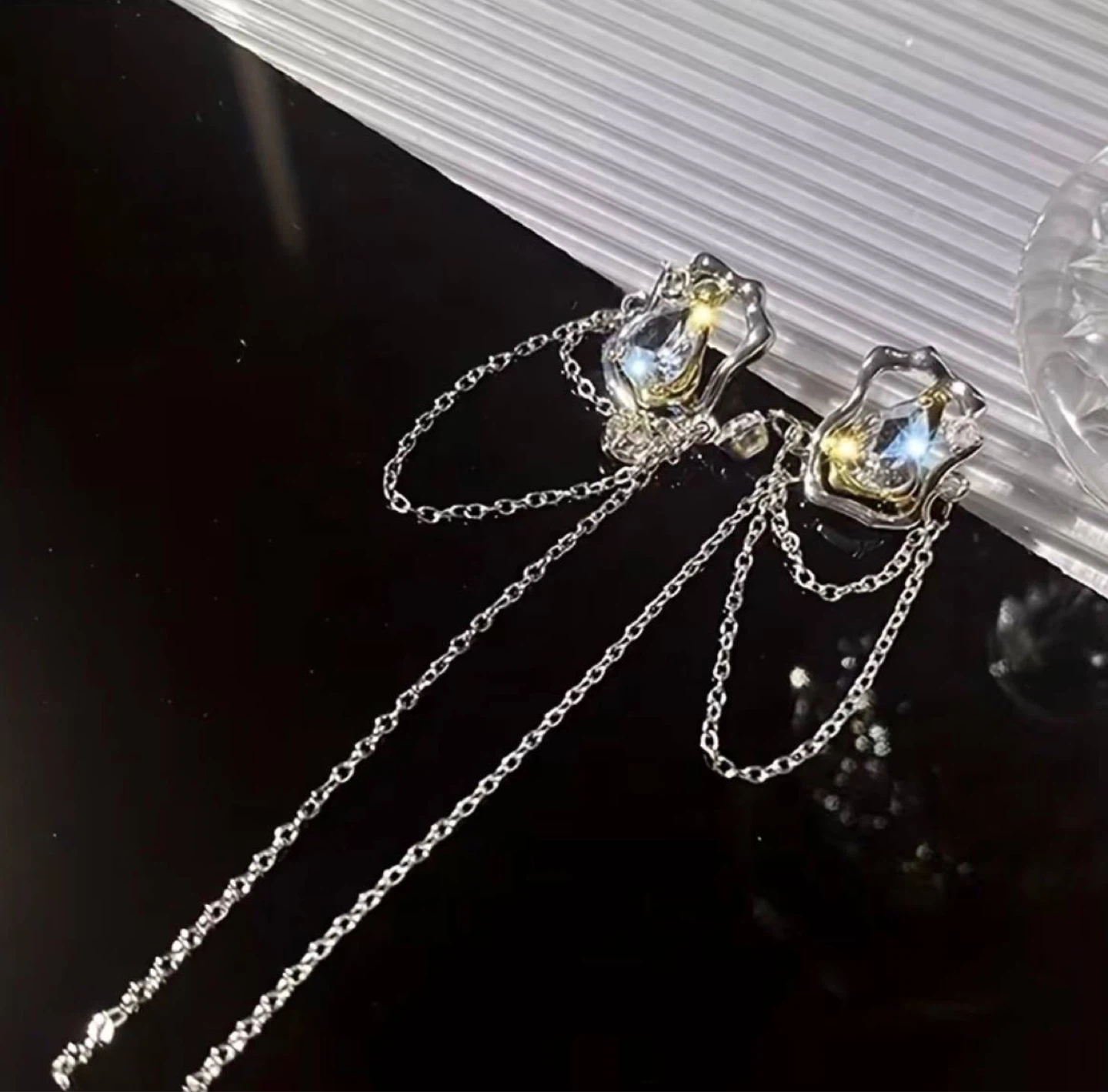 Crystal Drop Earrings with Layered Chain Tassels - photo 2