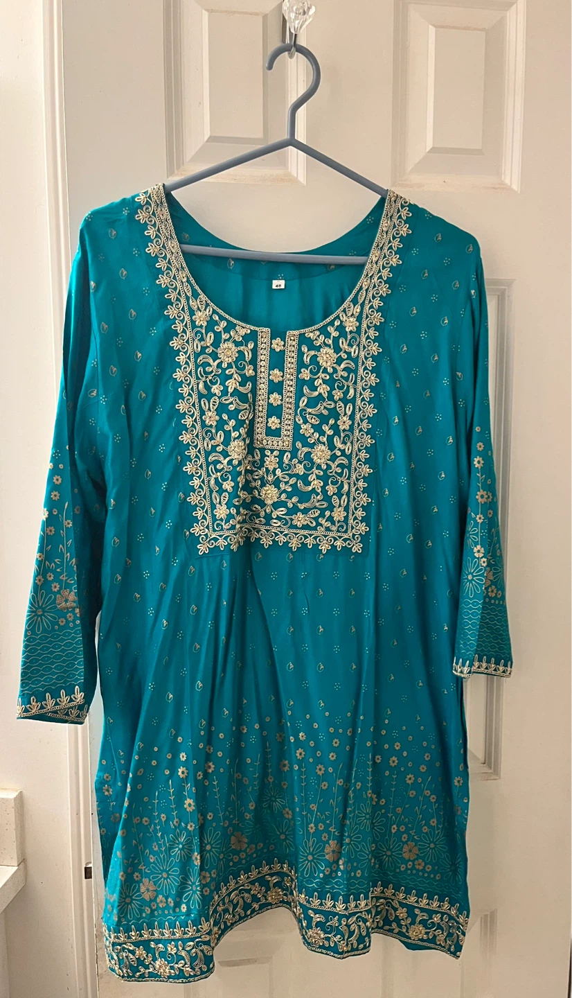 Teal Kurti with Gold Embroidery Size 48