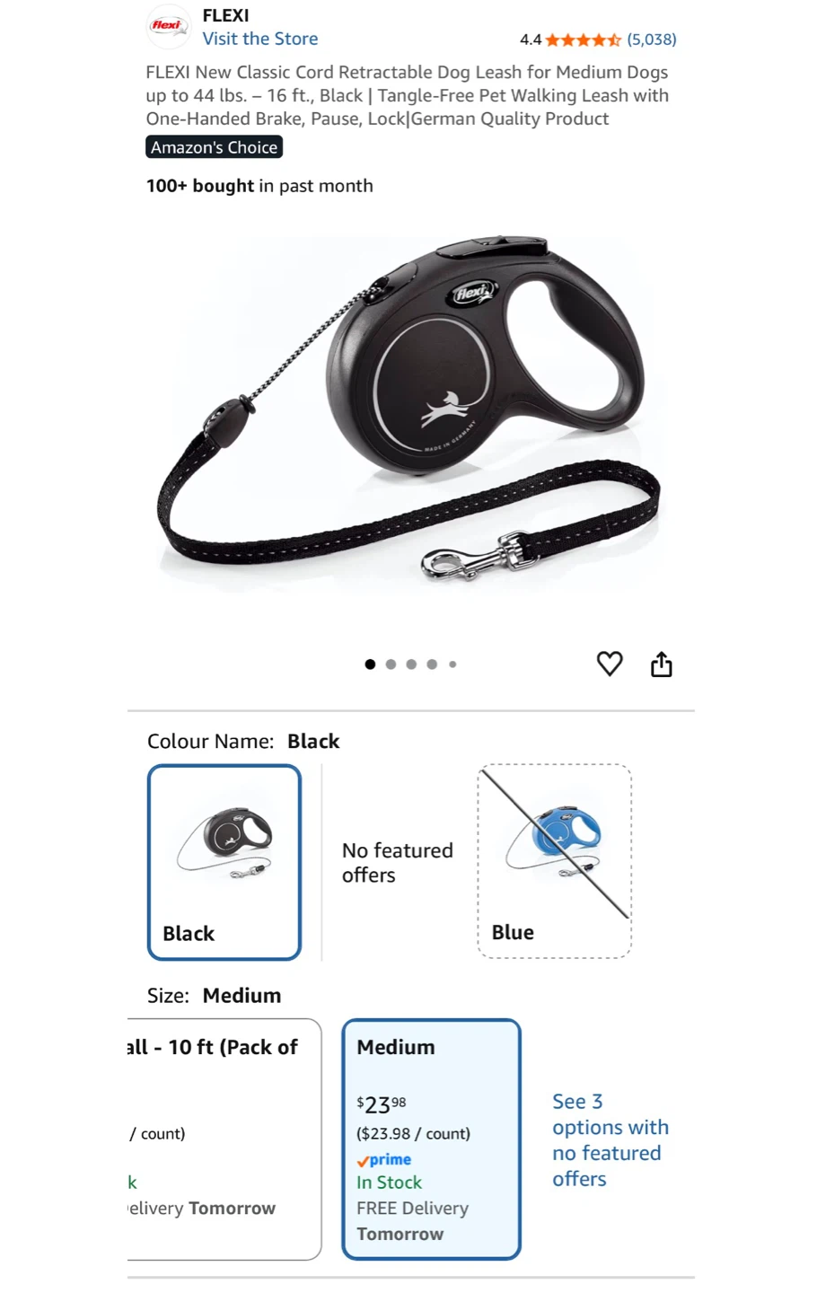 FLEXI New Classic Cord Retractable Dog Leash - Medium, Black