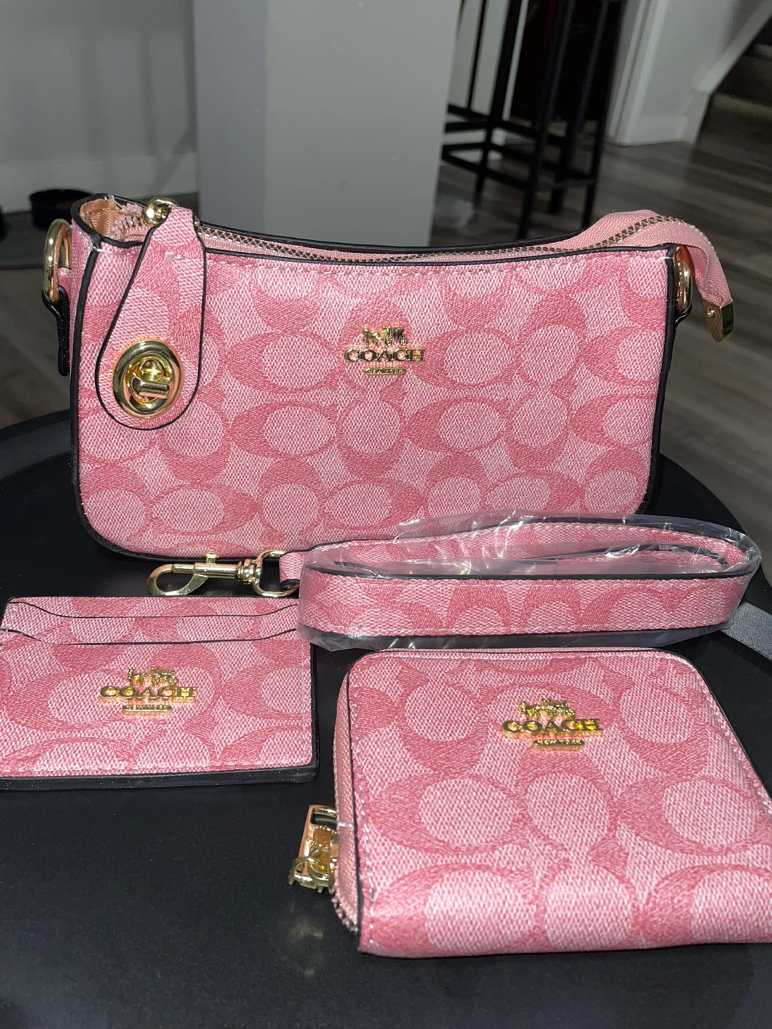 Coach Pink Signature Monogram Purse Wallet and Card Holder Set