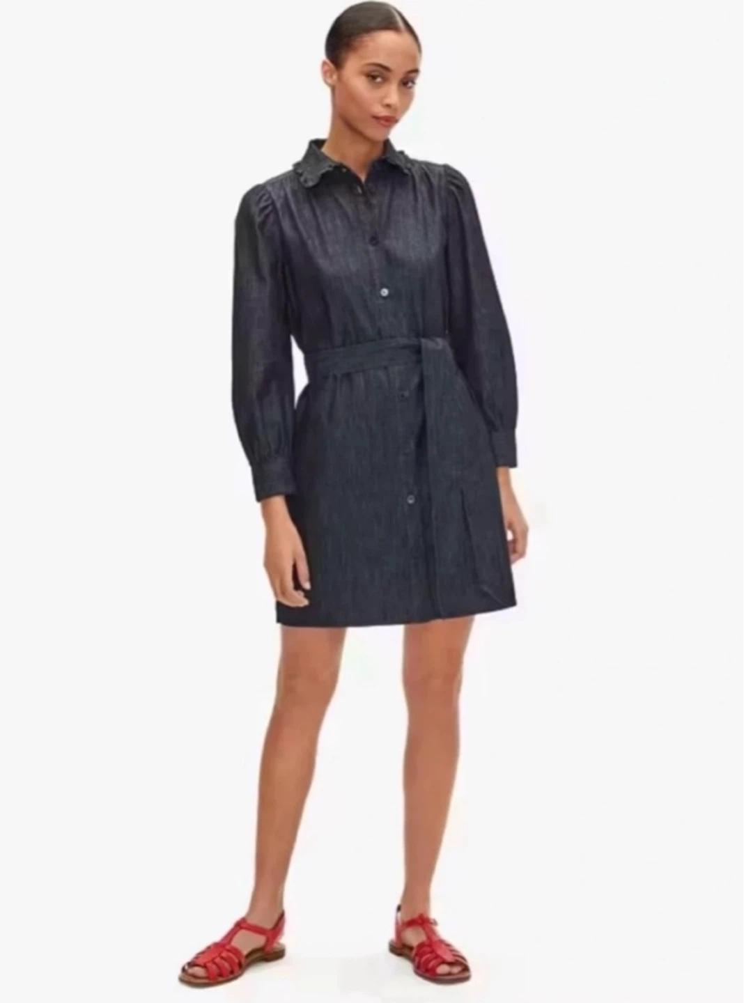 Kate Spade Dark Blue Wash Ruffle Denim Mini Shirtdress size S/M