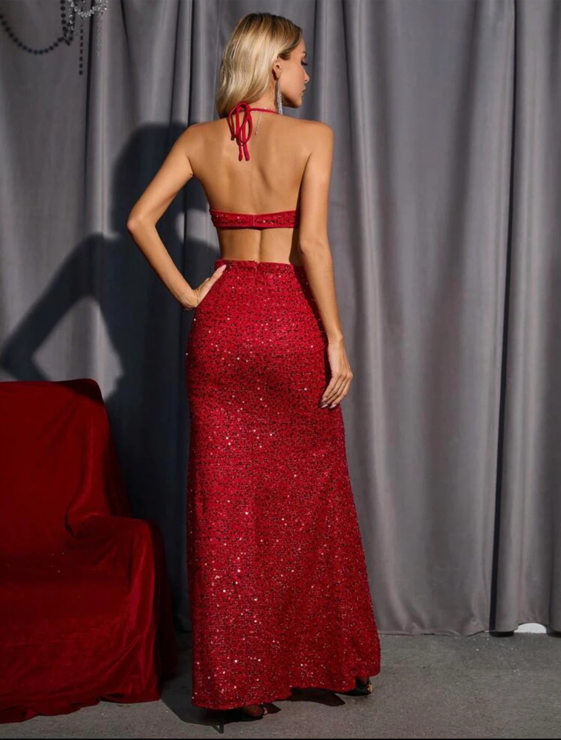 Red Sequin Halter Neck Maxi Dress - photo 4