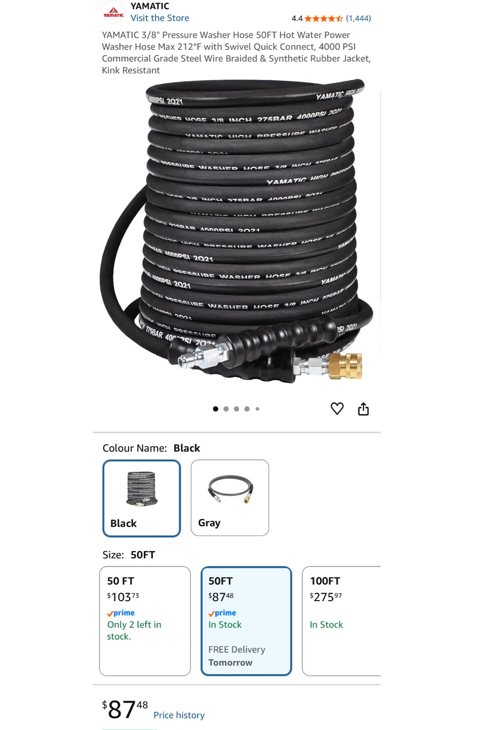 YAMATIC 3/8" Pressure Washer Hose 50FT Black
