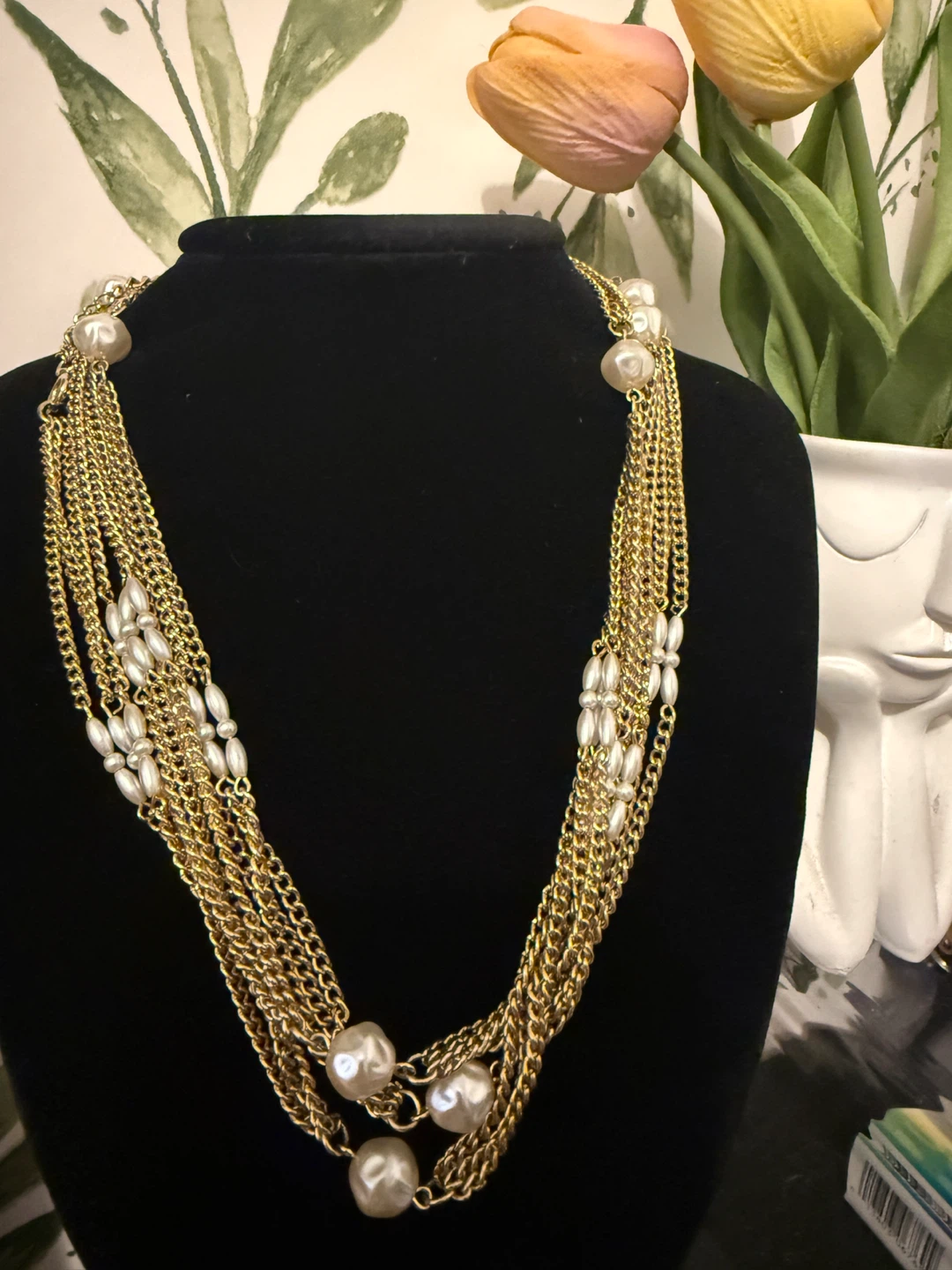 Gold Tone Multi-Strand Necklace with Faux Pearls