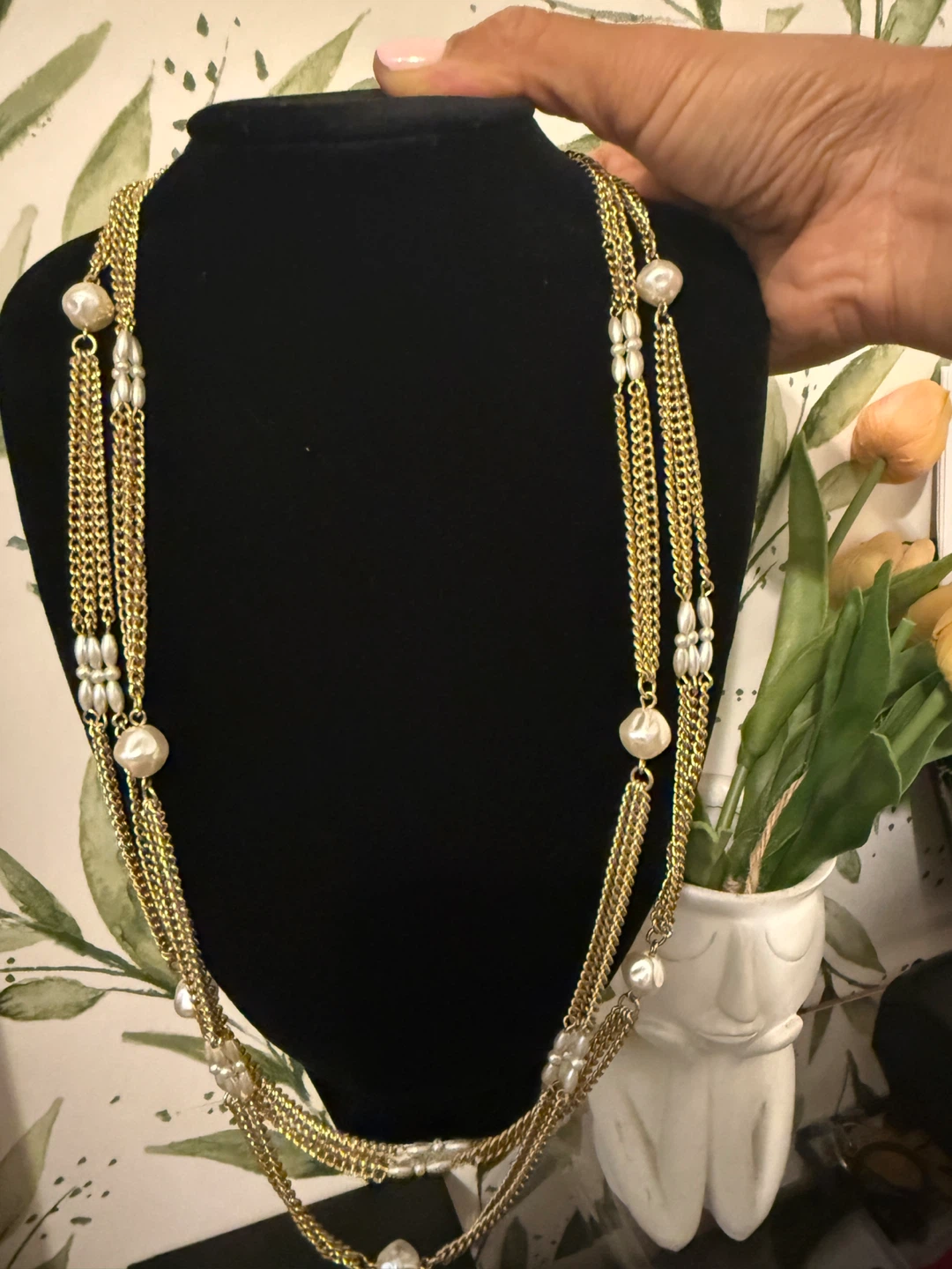 Gold Tone Multi-Strand Necklace with Faux Pearls - photo 2