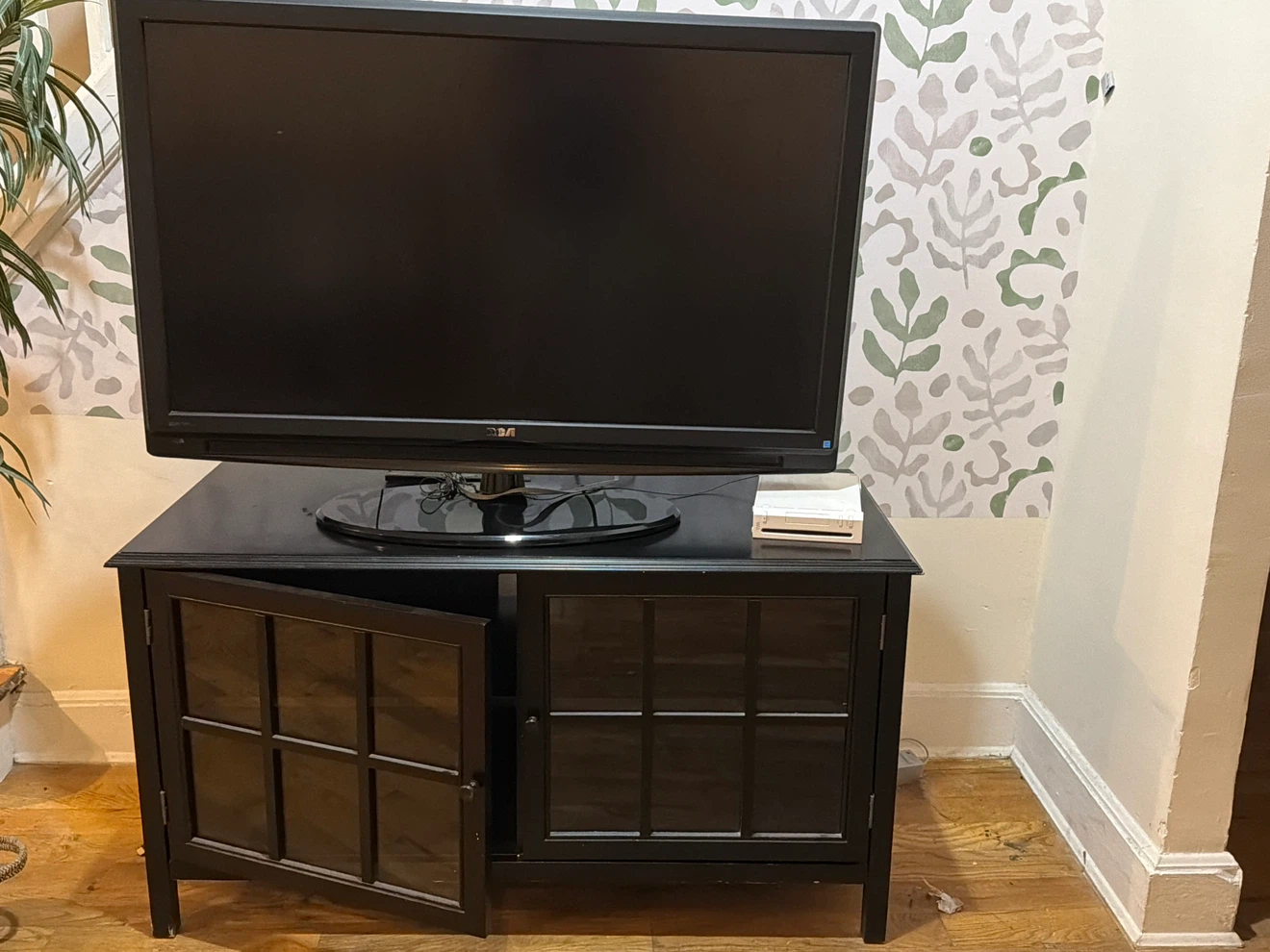 Black Entertainment Stand with Glass Doors