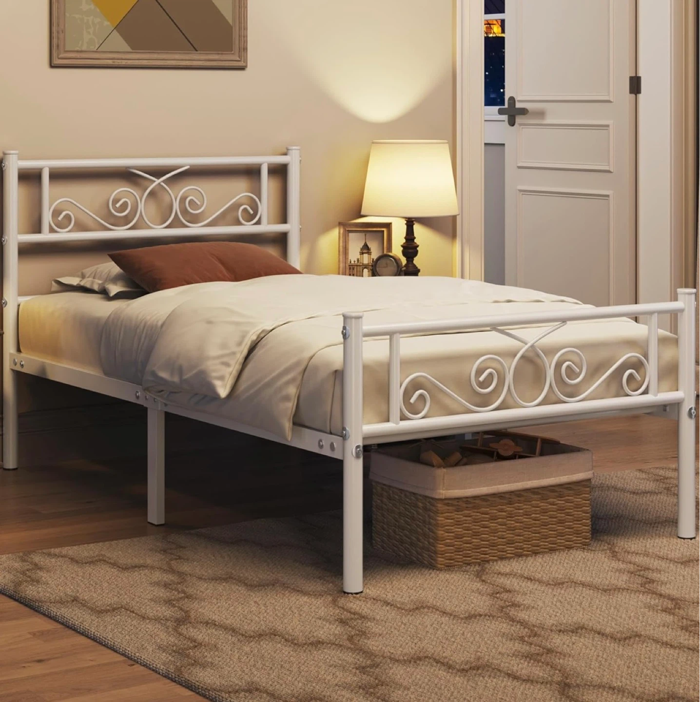 White Metal Bed Frame with Decorative Headboard
