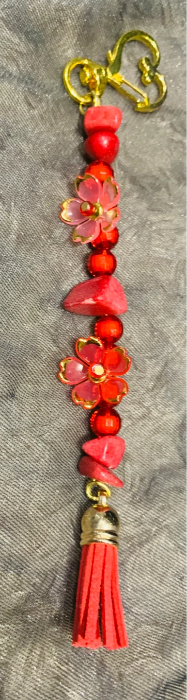 Red Beaded Keychain with Flower Charms and Tassel