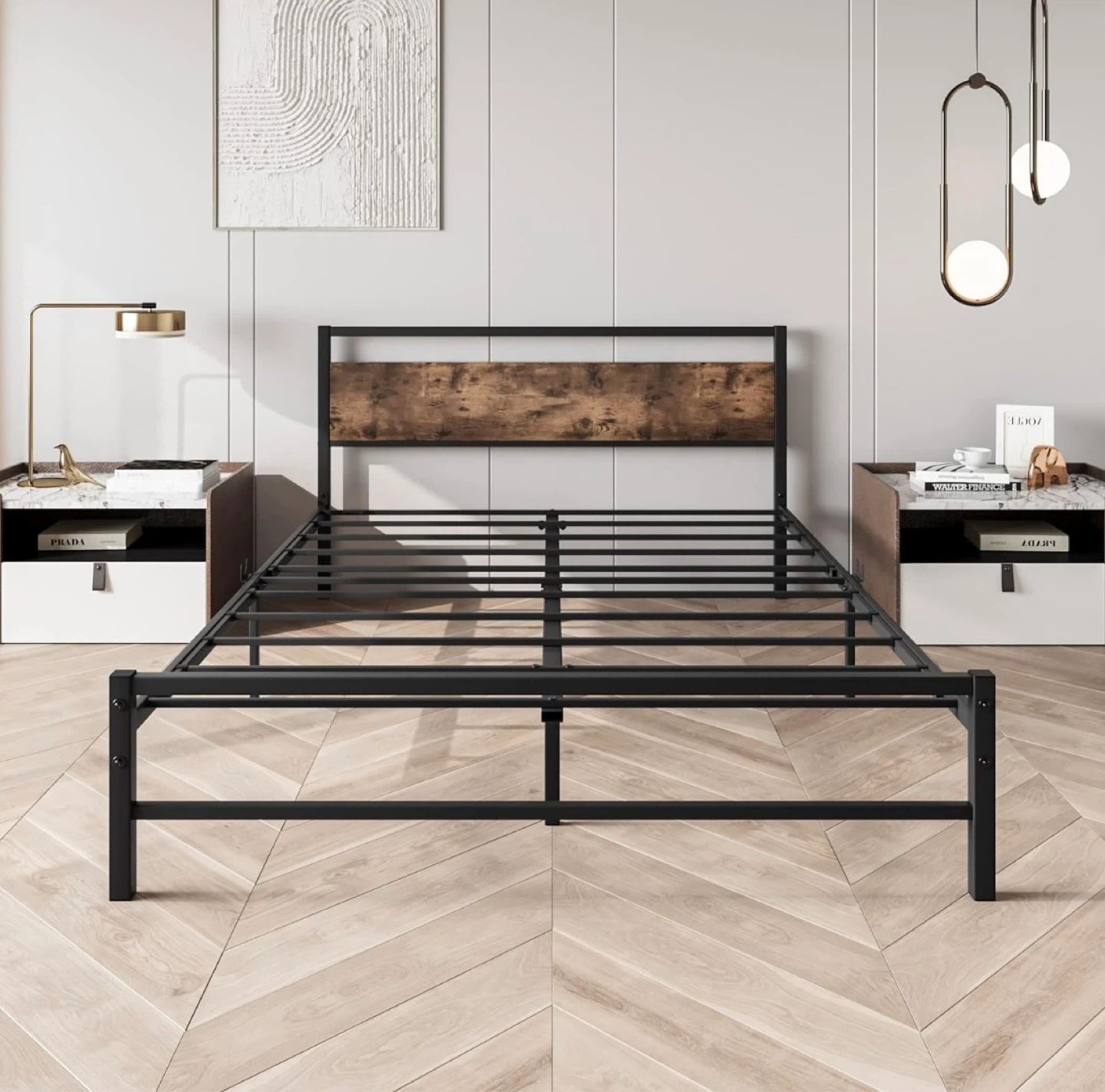 Industrial Style Bed Frame with Wood Headboard