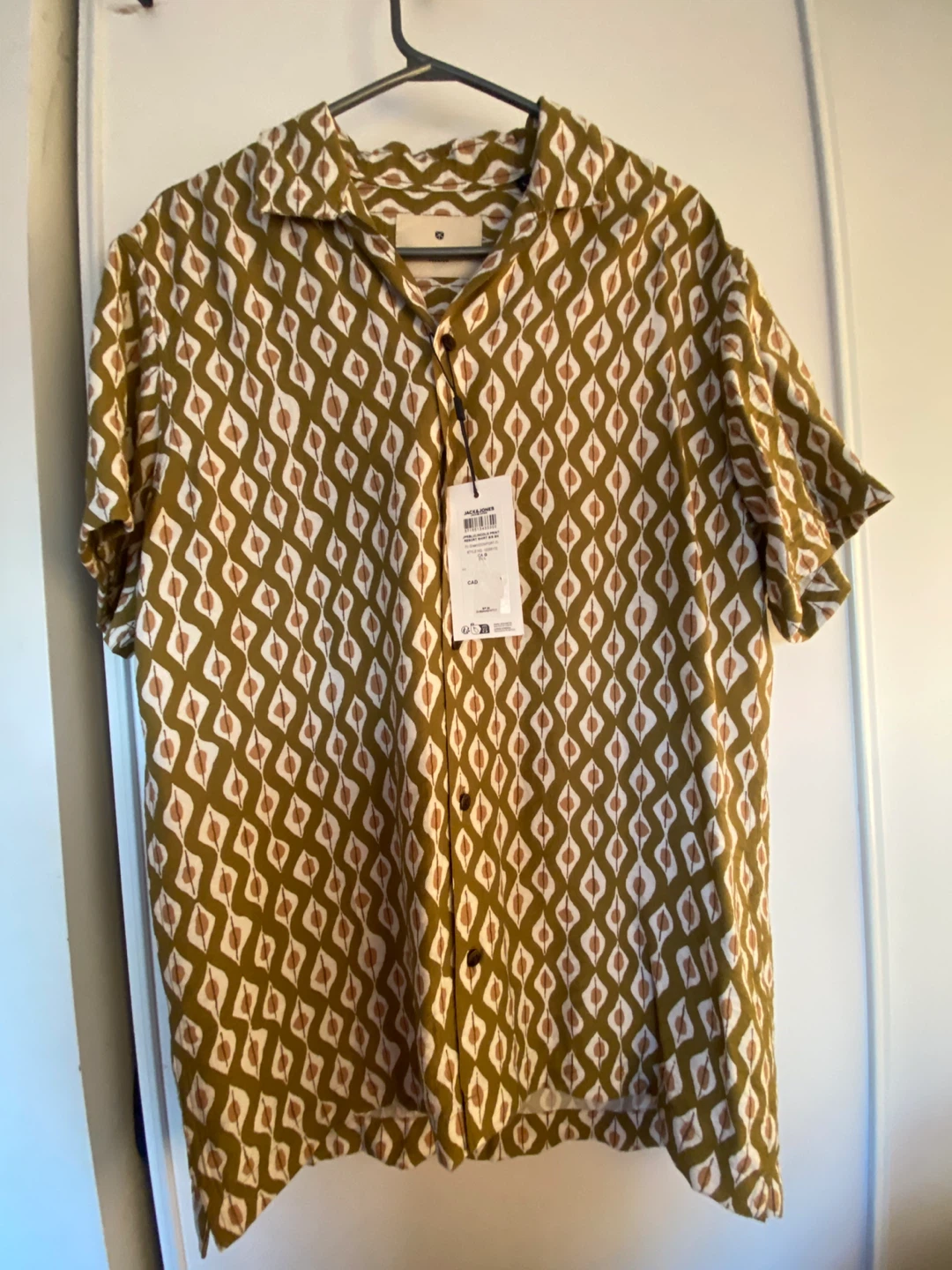 JACK & JONES Short Sleeve Button-Up Shirt - Olive Green Pattern