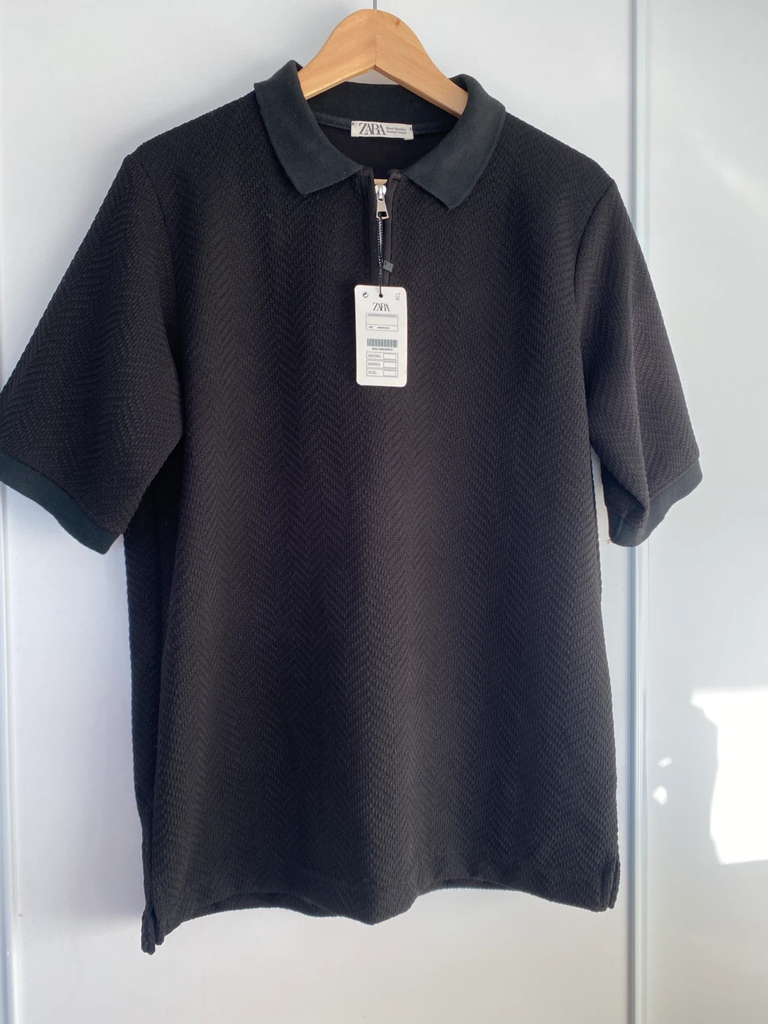 ZARA Black Textured Polo Shirt