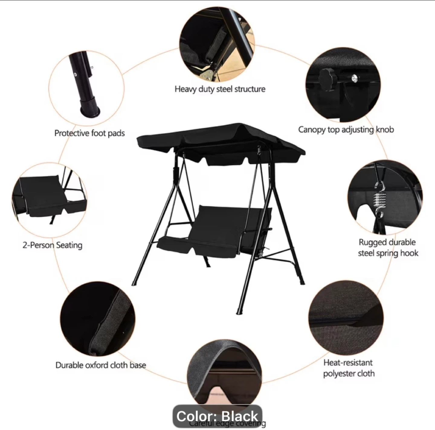 Black 2-Person Swing with Adjustable Canopy - photo 4