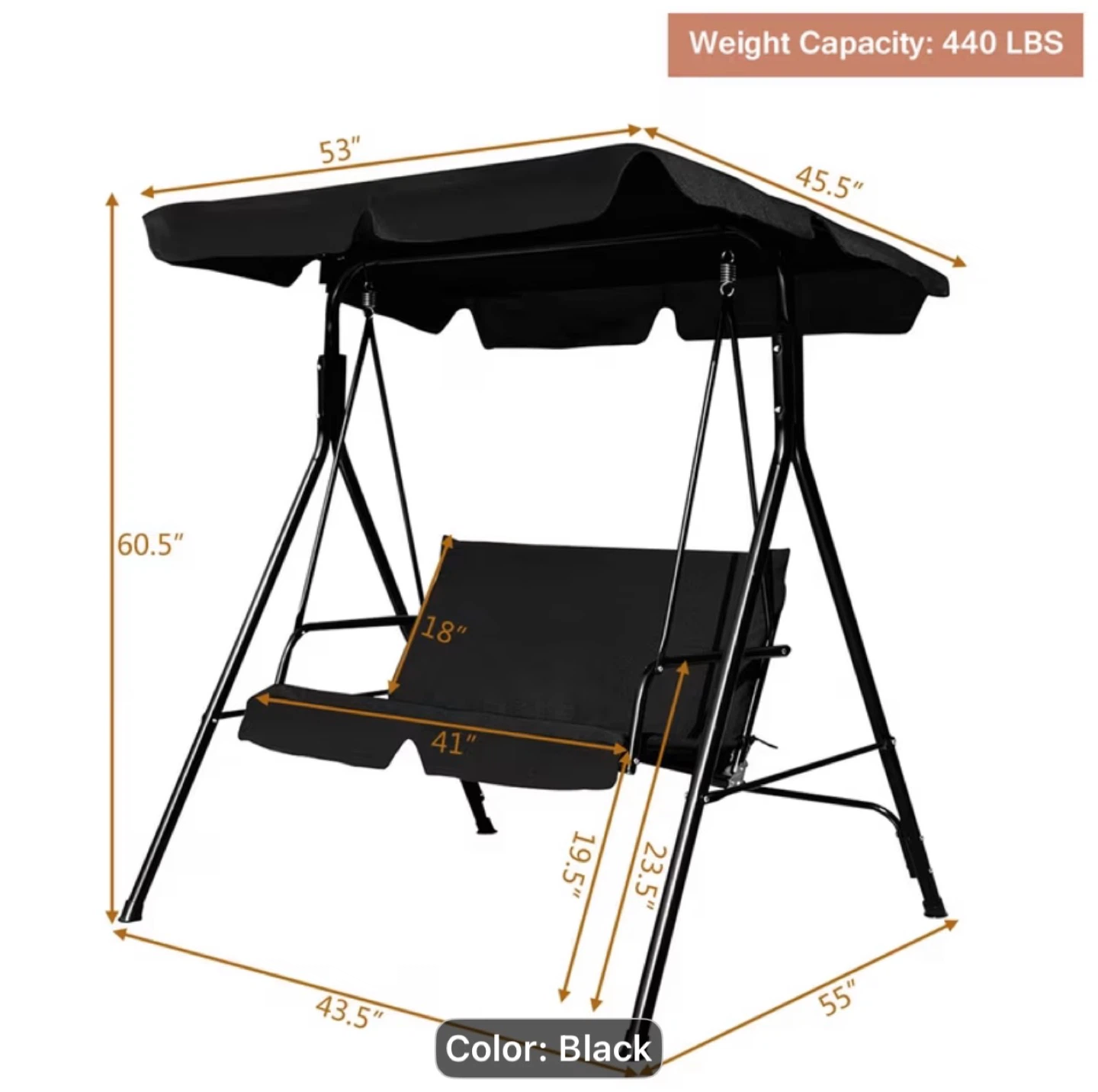 Black 2-Person Swing with Adjustable Canopy - photo 2