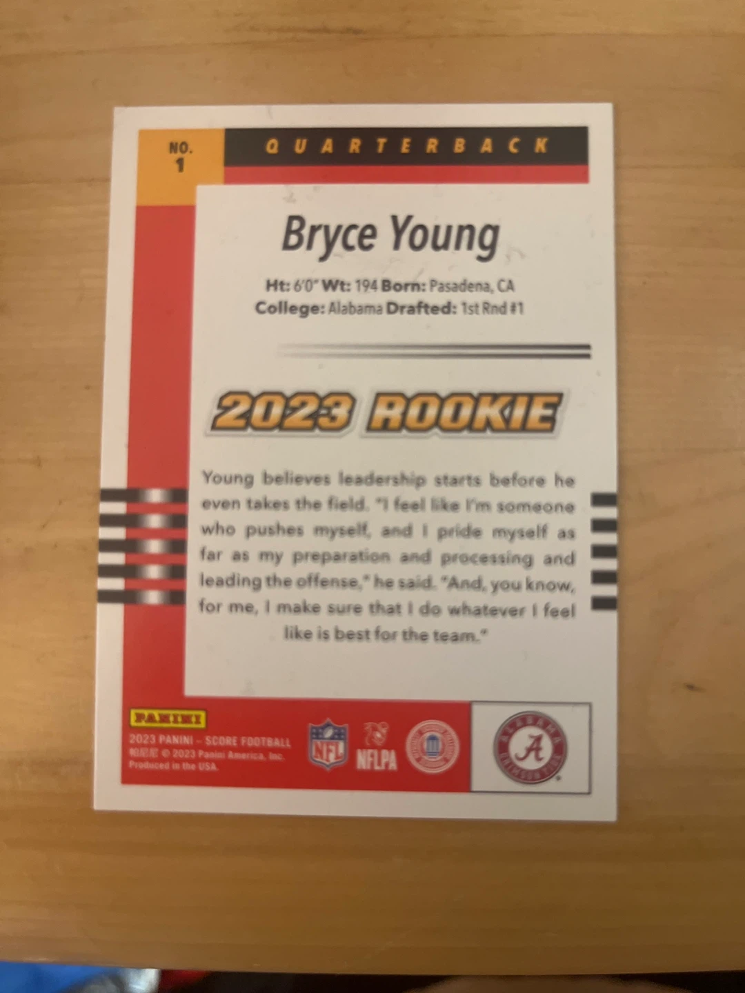 2023 Panini Score Football Bryce Young Rookie Card - photo 2