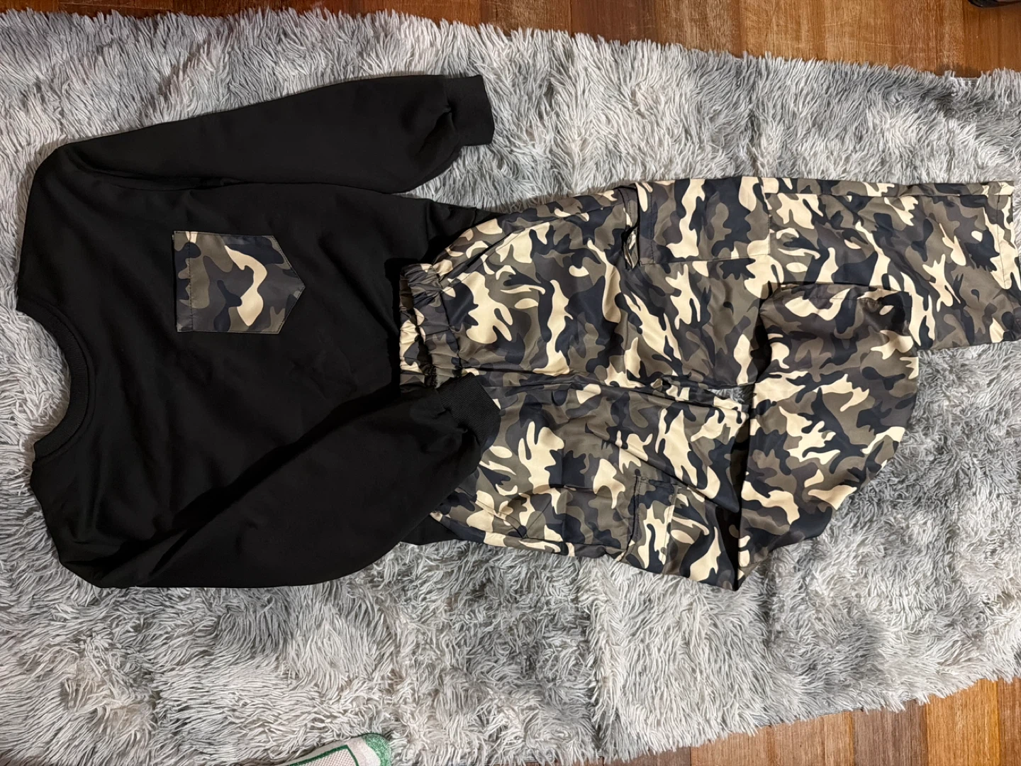 Black Long Sleeve Top & Camo Cargo Pants Set