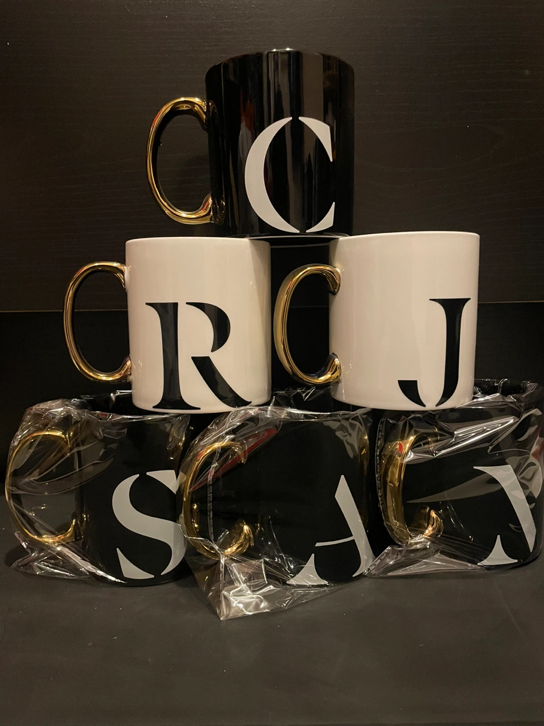 Set of 6 Monogram Mugs - Black and White with Gold Handles