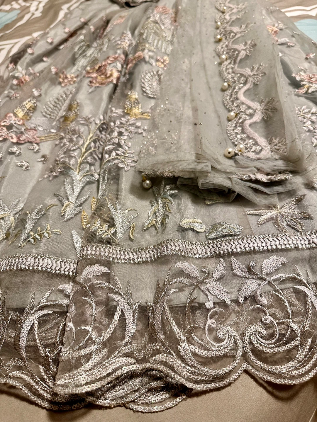 Sesena Embroidered Grey Dress with Dupatta - Size S