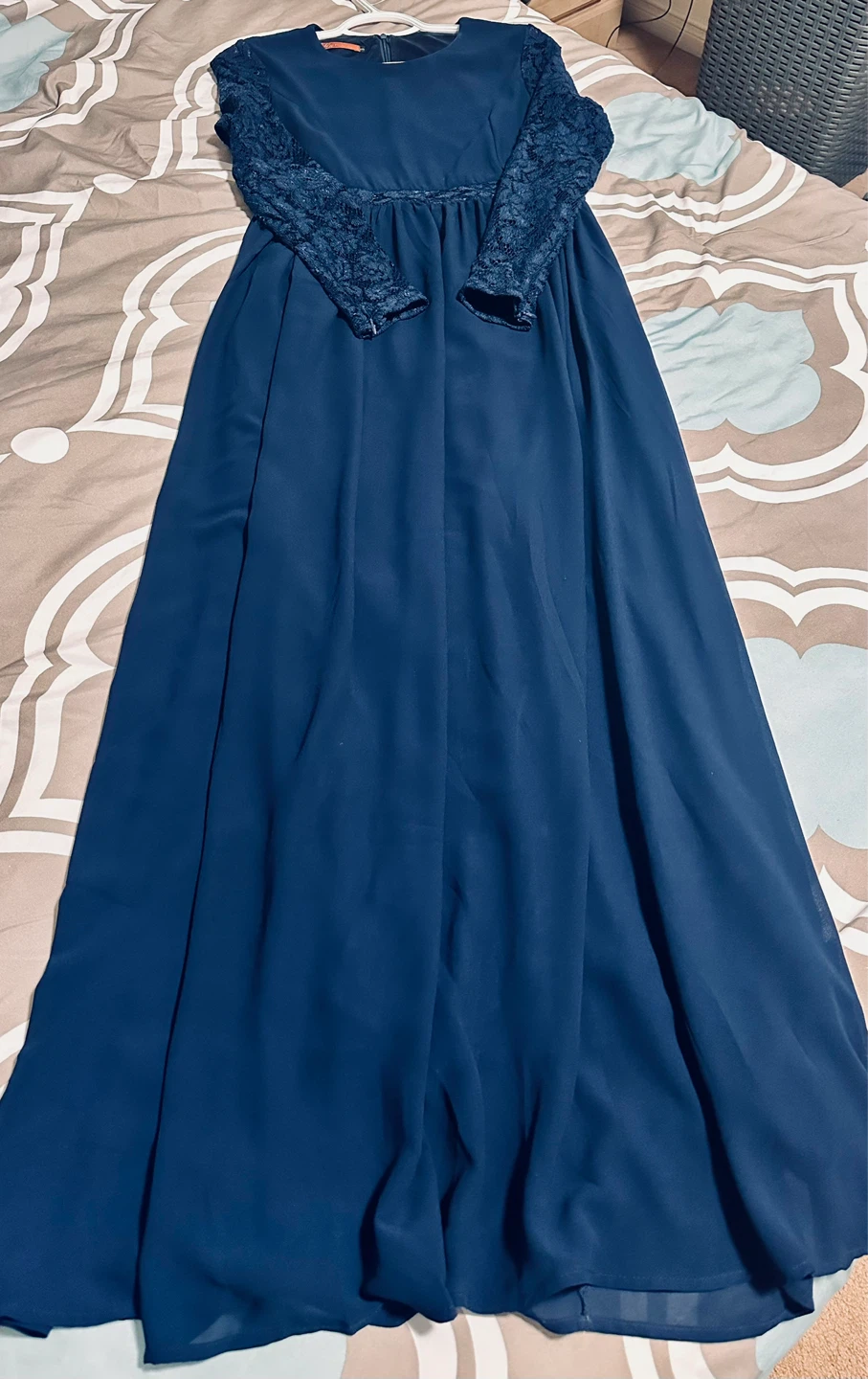 Navy Blue Maxi Dress with Lace Sleeves - photo 2