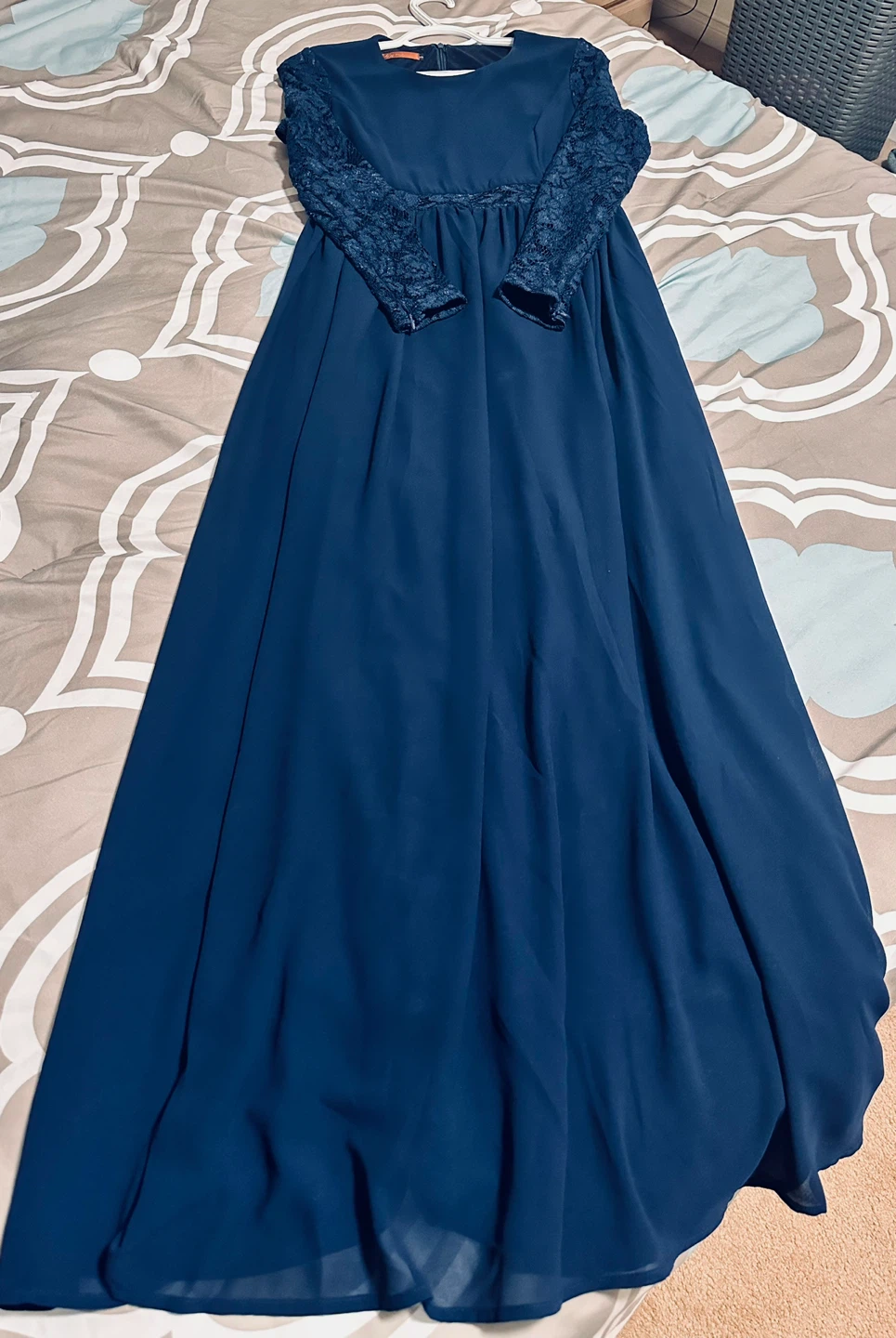 Navy Blue Maxi Dress with Lace Sleeves