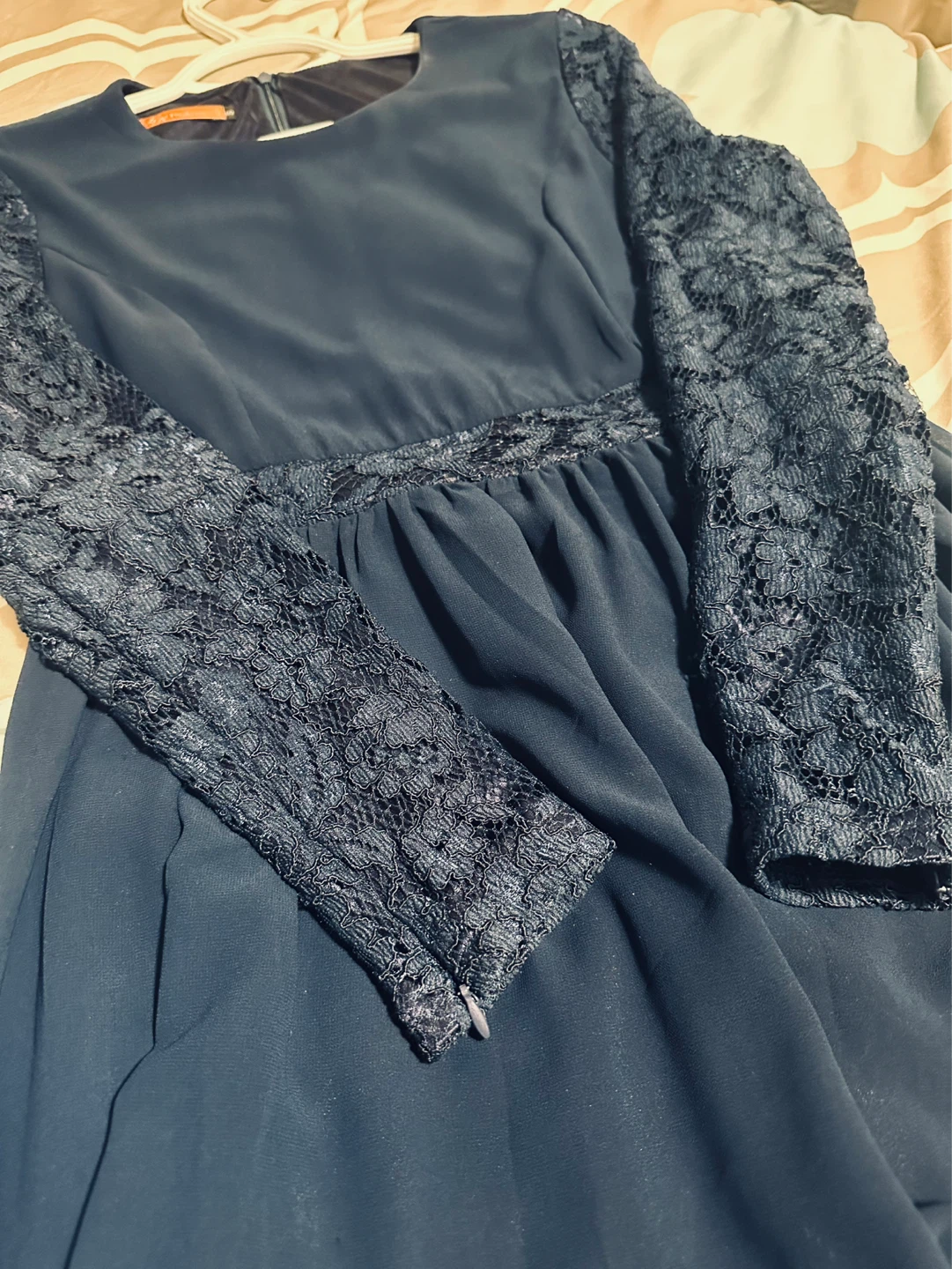 Navy Blue Maxi Dress with Lace Sleeves - photo 3