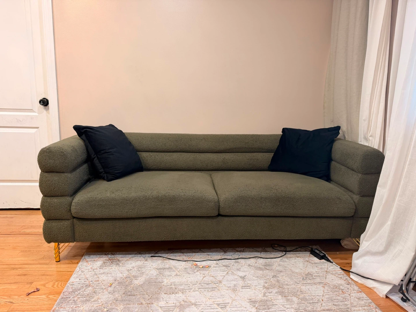 Olive Green Boucle Sofa with Gold Legs