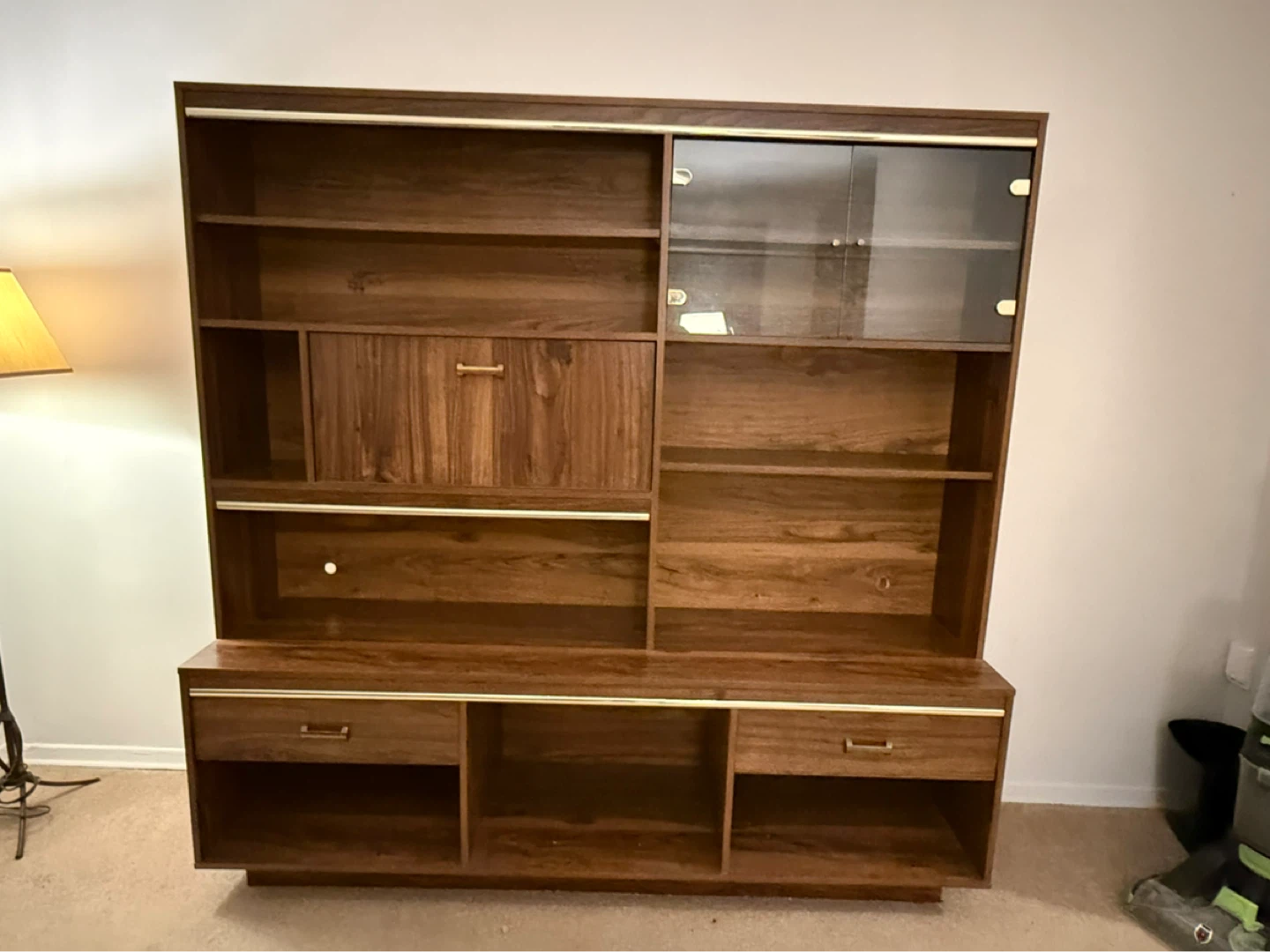 Mid-century Modern Wood Bookcase with Glass Doors