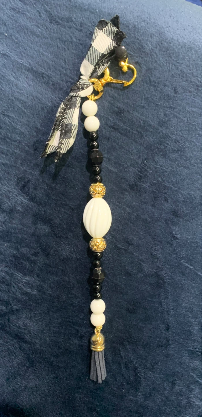 Customized  Black and White Beaded Keychain with Tassel