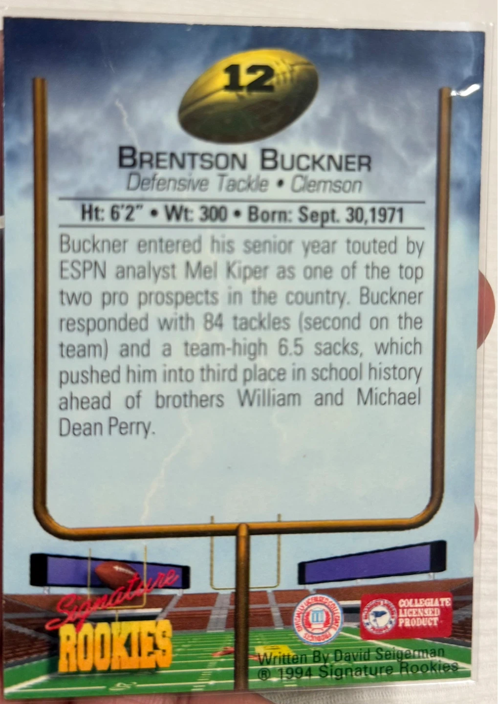 Brentson Buckner 1994 Signature Rookies Football Card - photo 2