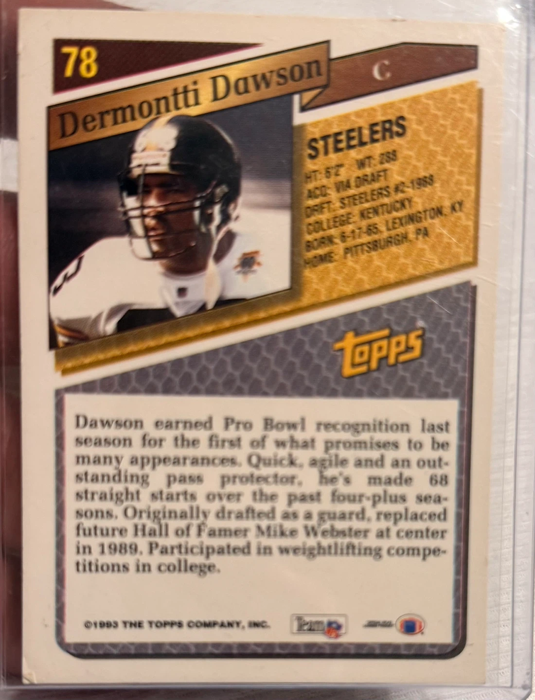 Dermontti Dawson Autographed 1993 Topps Football Card - photo 2