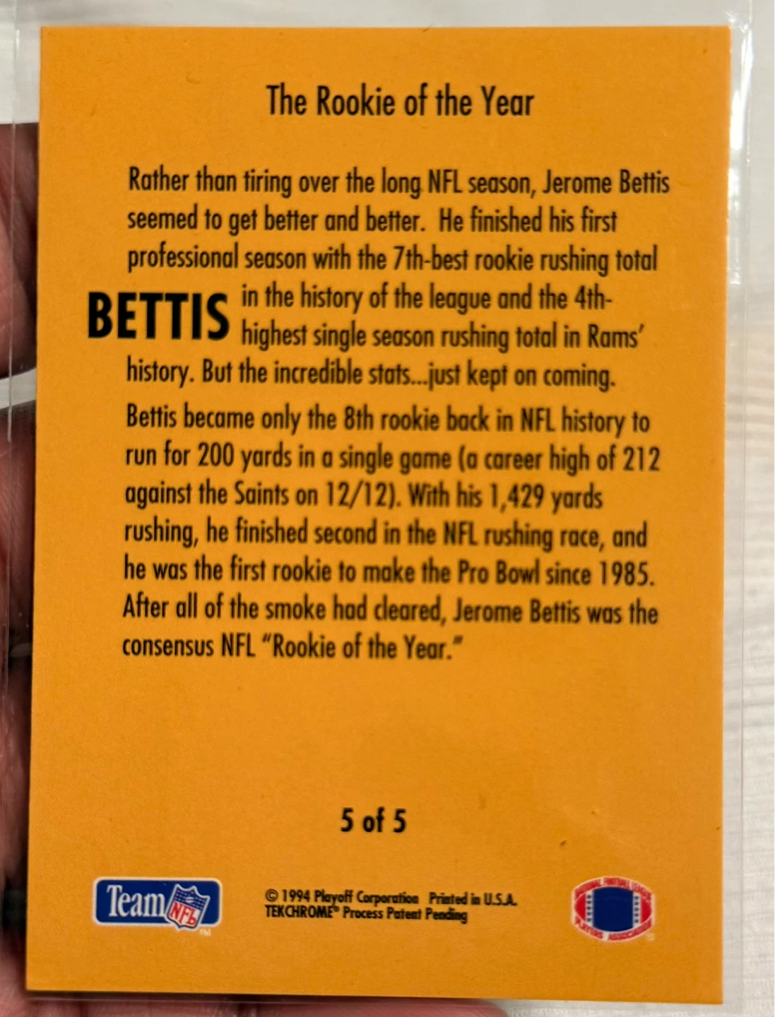 5 OF 5 CARDS of Jerome Bettis Rookie of the year Card - photo 2