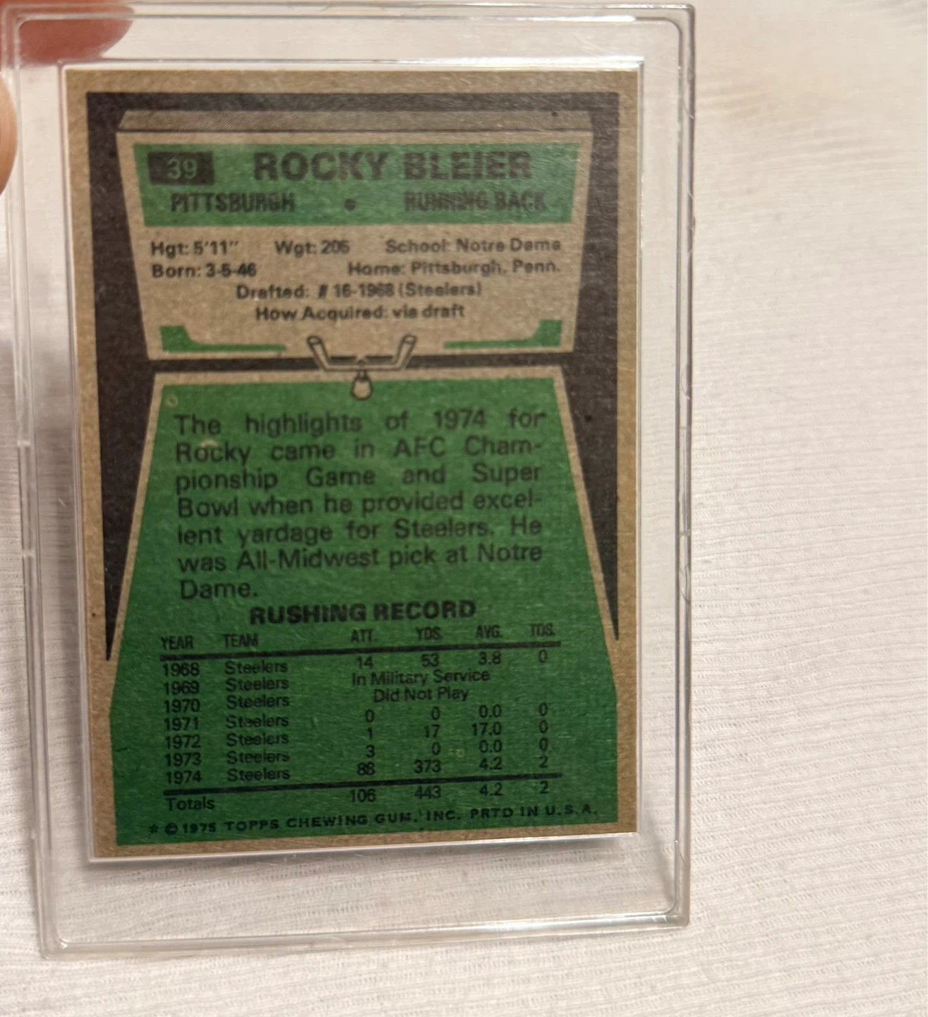 1975 Topps Rocky Bleier Pittsburgh Steelers Football Card - photo 2