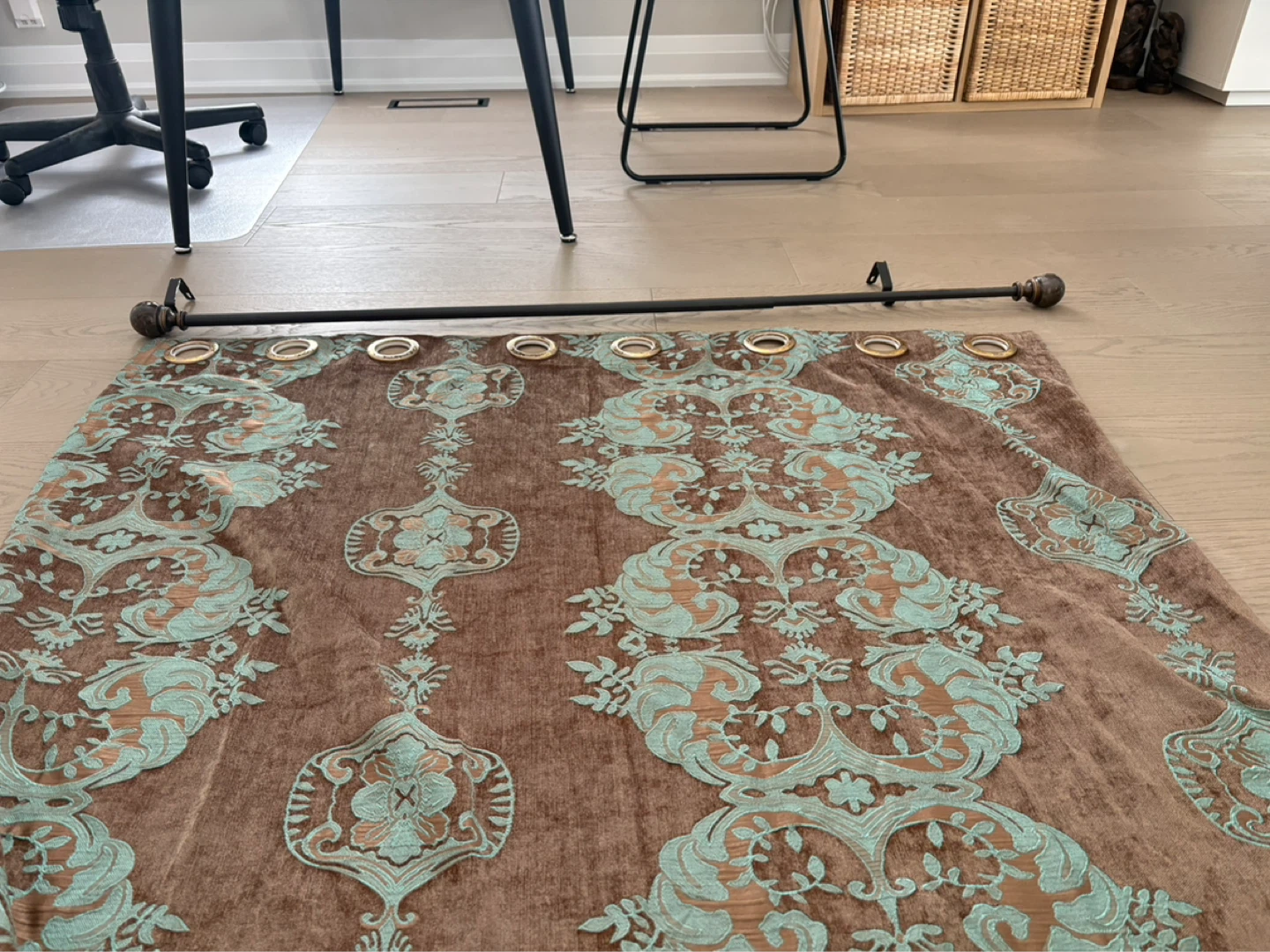 Brown Velvet Curtain with Teal Damask Pattern