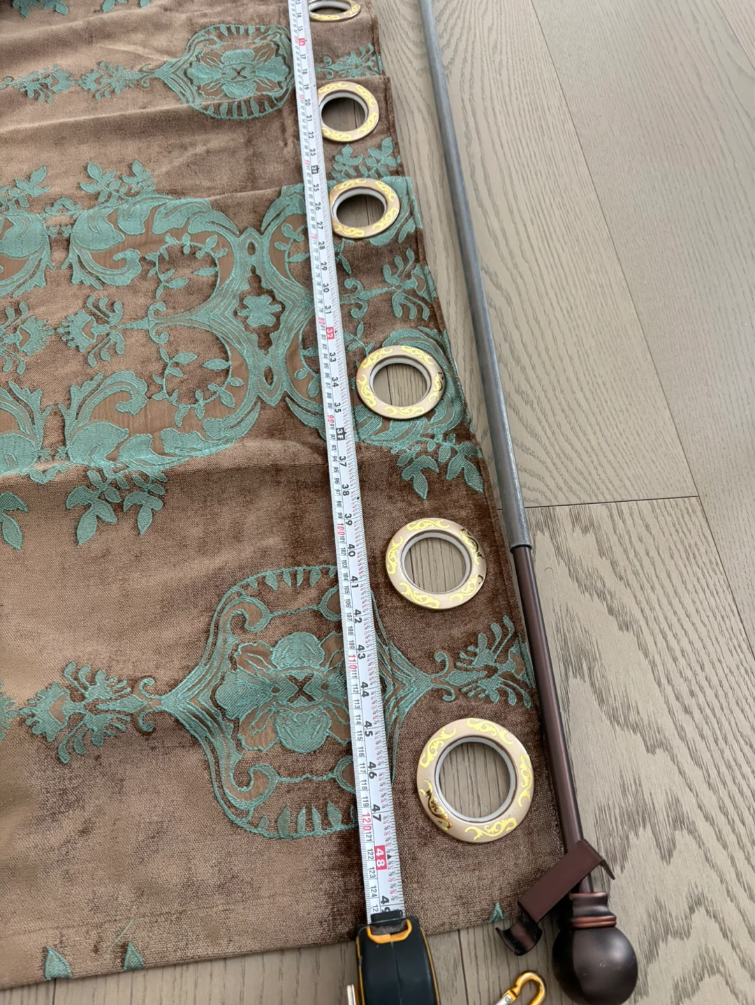 Brown Velvet Curtain with Teal Damask Pattern - photo 3