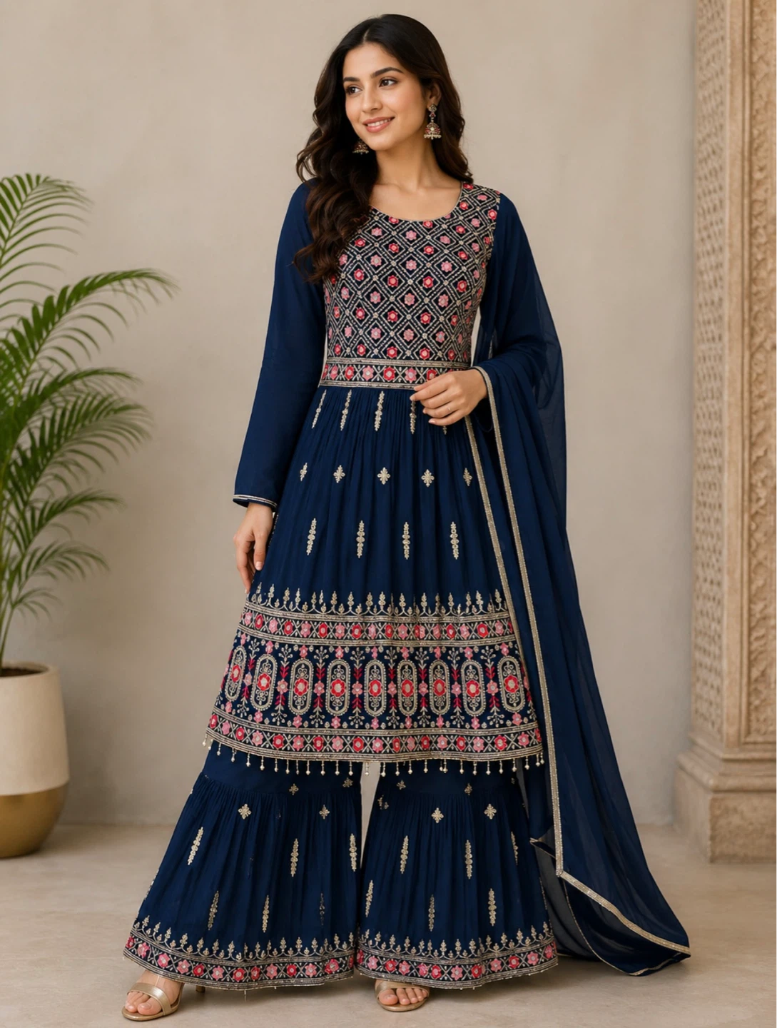 Navy Blue Embroidered Shrara Suit With Dupatta