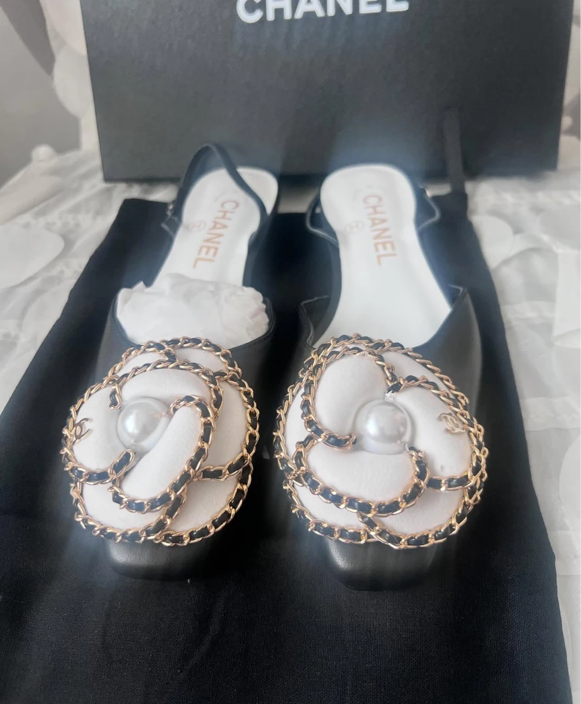 CHANEL Black Leather Camellia Pearl Slingback