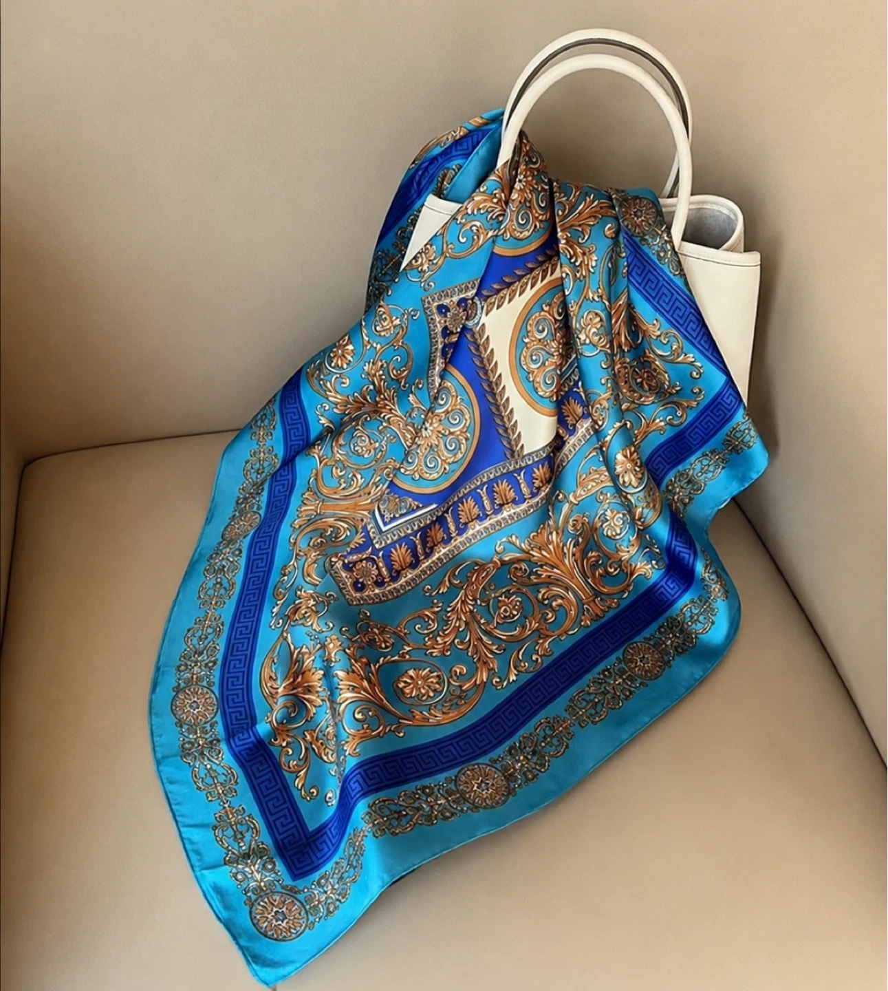 Silk Scarf Blue Gold Pattern