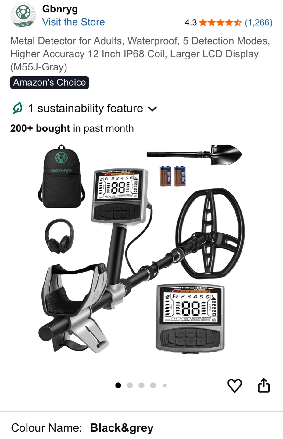 Gbnryg Metal Detector - Waterproof, 12 Inch Coil, Black & Grey