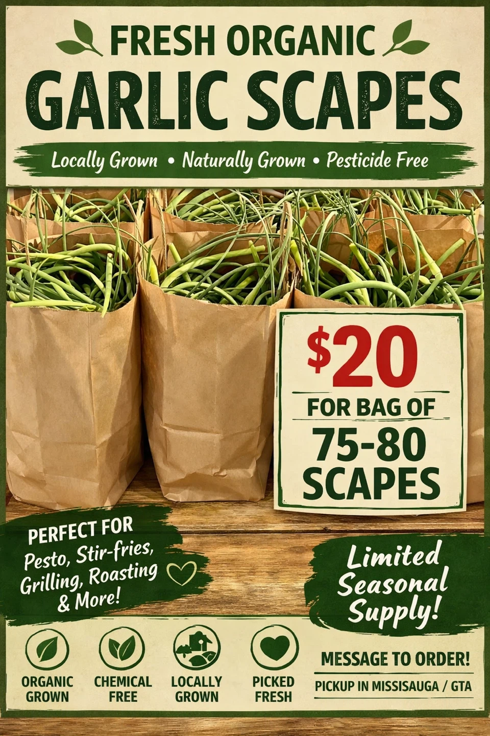 Fresh Organic Garlic Scapes - $20 For Bag Of 75-80 Scapes