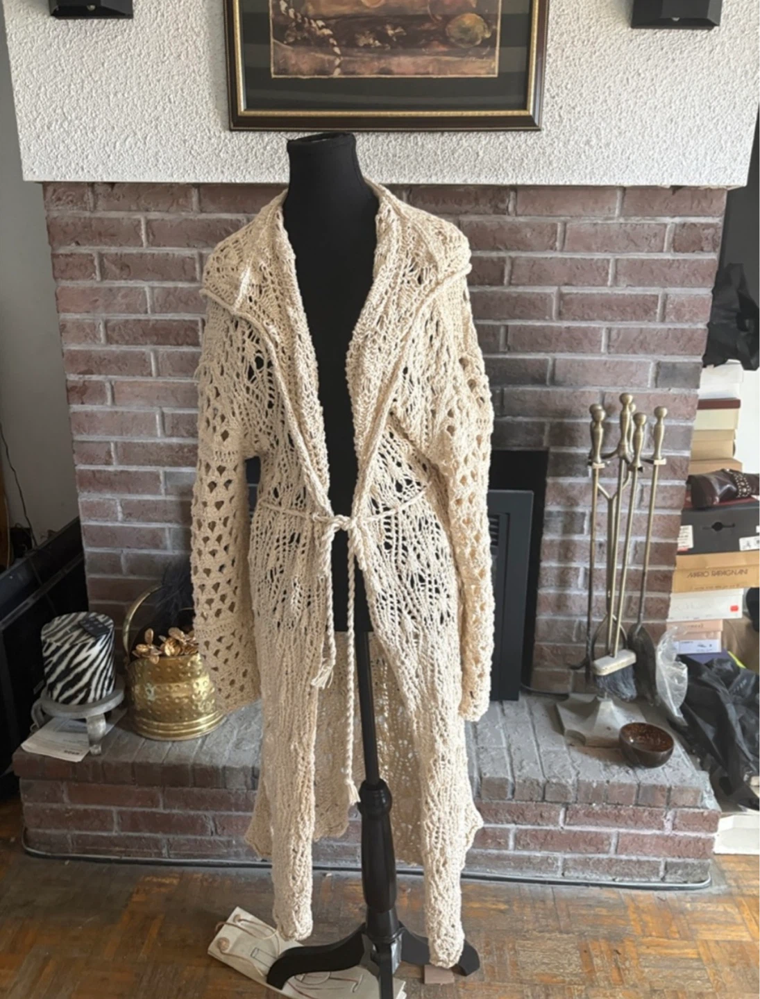 Free People Cream Crochet Hooded Cardigan with belt