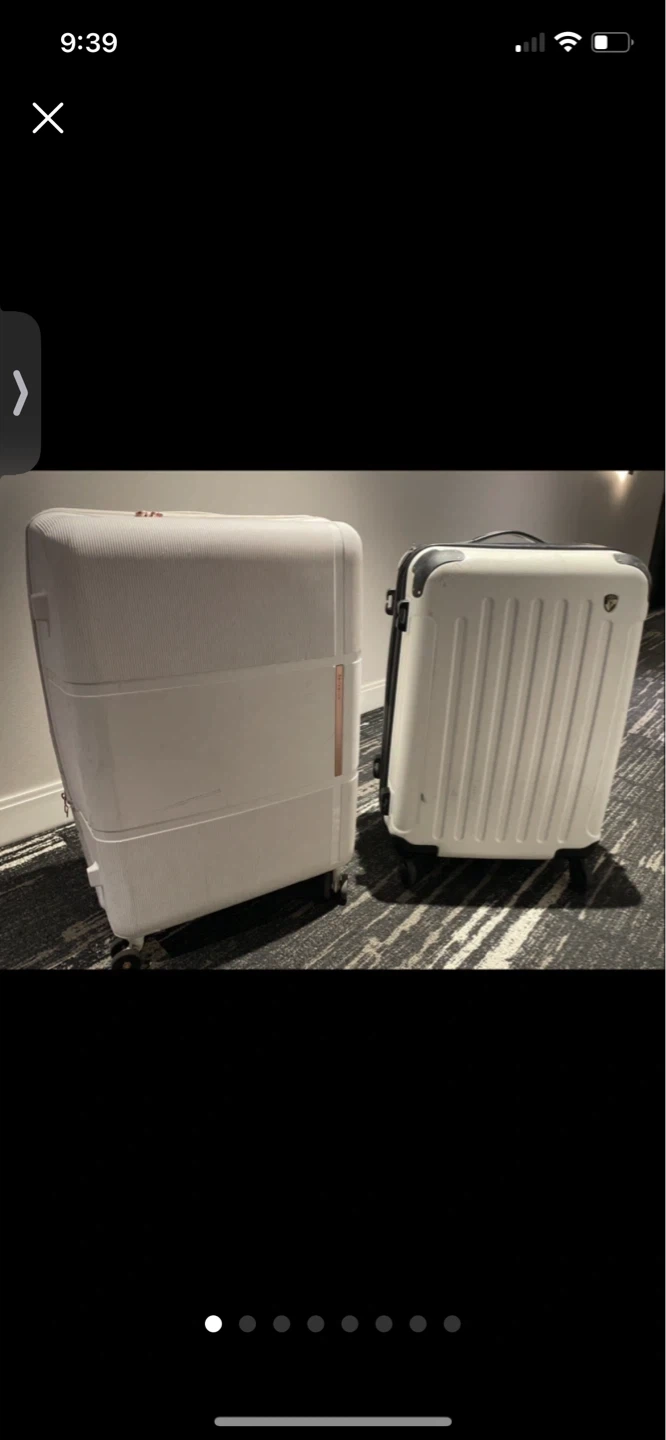26" white luggage and Samsonite 30" checked suitcase