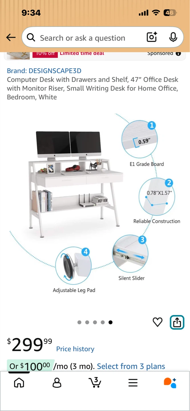 DESIGNSSCAPE3D Computer Desk with Drawers and Shelf - White