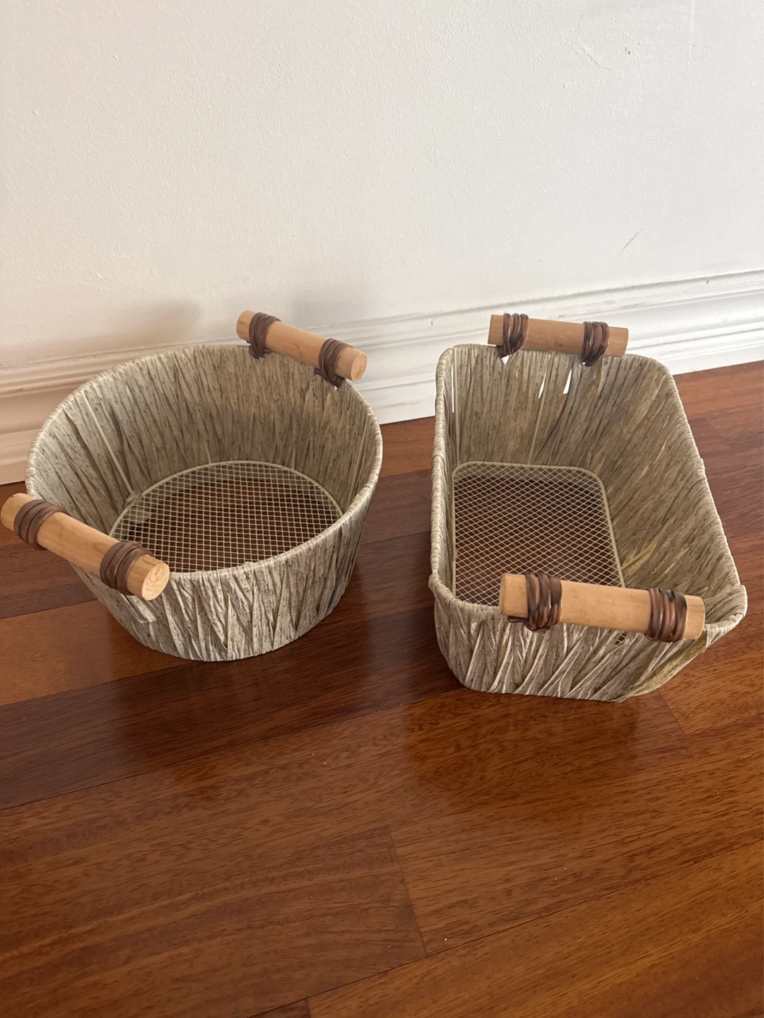 Woven Baskets with Wooden Handles (Set of 2)