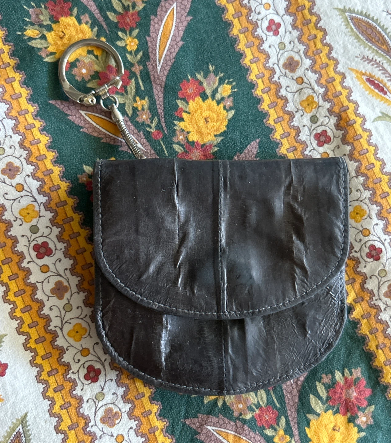 Vintage Black Eel Skin Coin Purse with Keychain